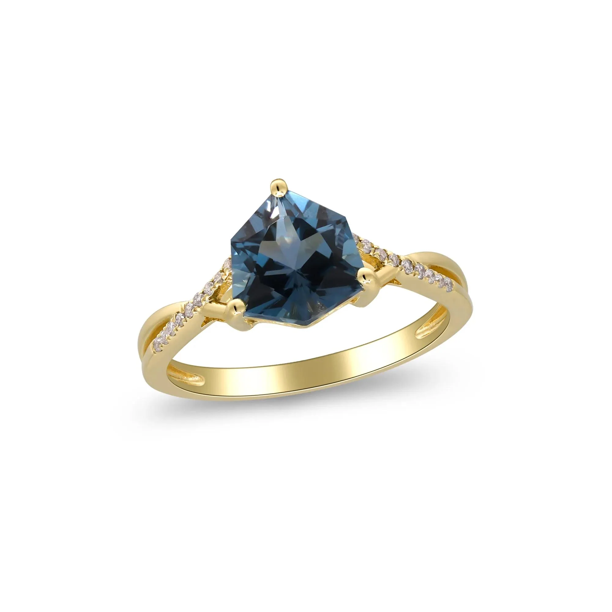 London Blue Topaz & Diamond Accent Ring 10K Yellow Gold Round Brilliant Cut Size 6.5 2mm - Image 4