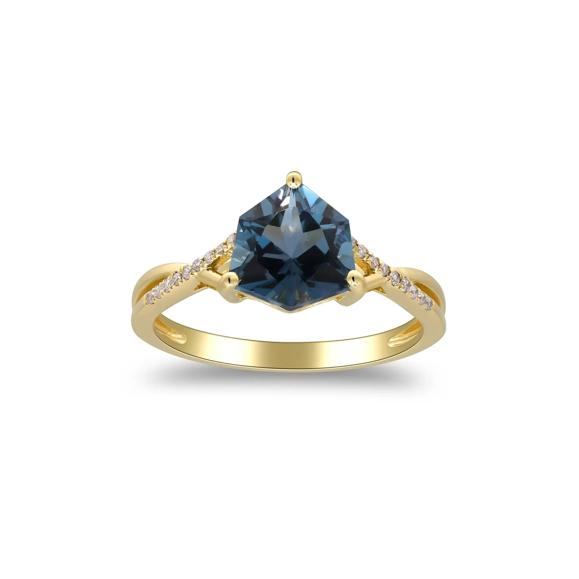 London Blue Topaz & Diamond Accent Ring 10K Yellow Gold Round Brilliant Cut Size 7.5 2mm - Image 5