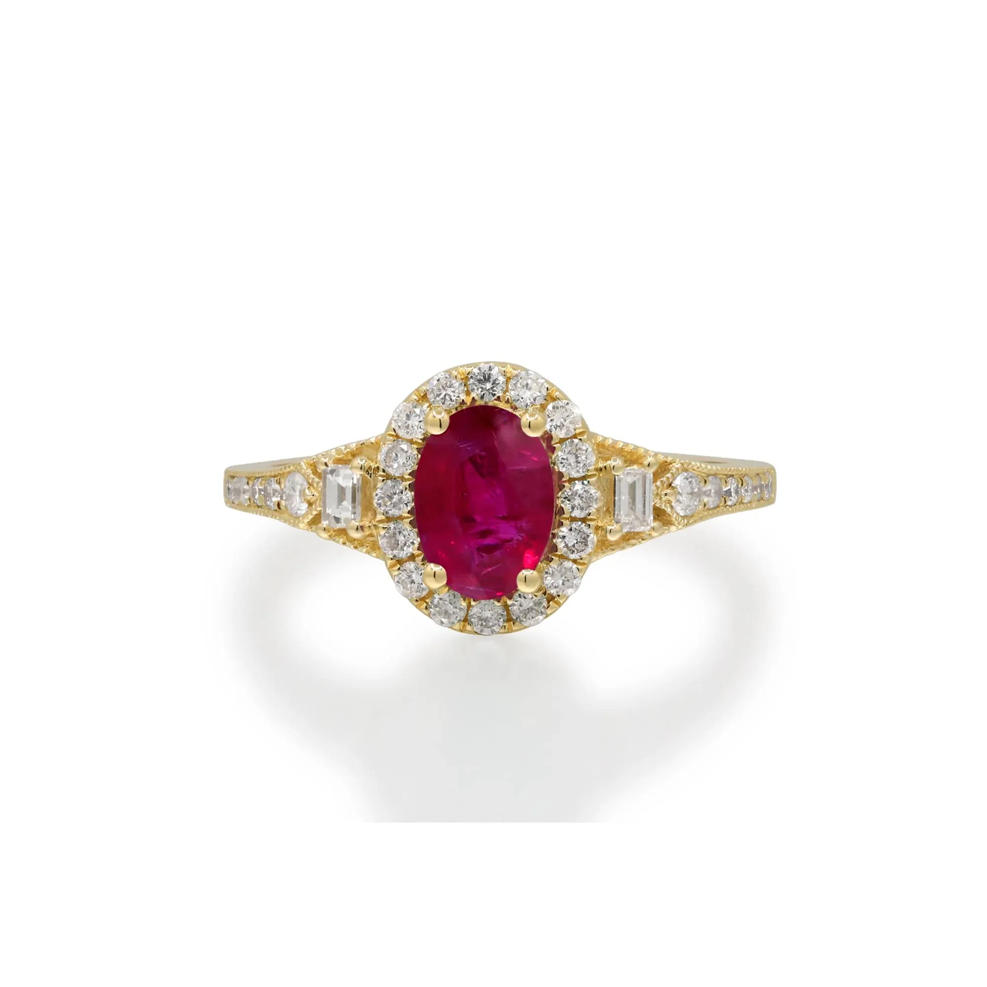1/3 CT. Tw. Ruby & Diamond Halo Ring 10K Yellow Gold Round Brilliant Cut Size 6.5 2mm