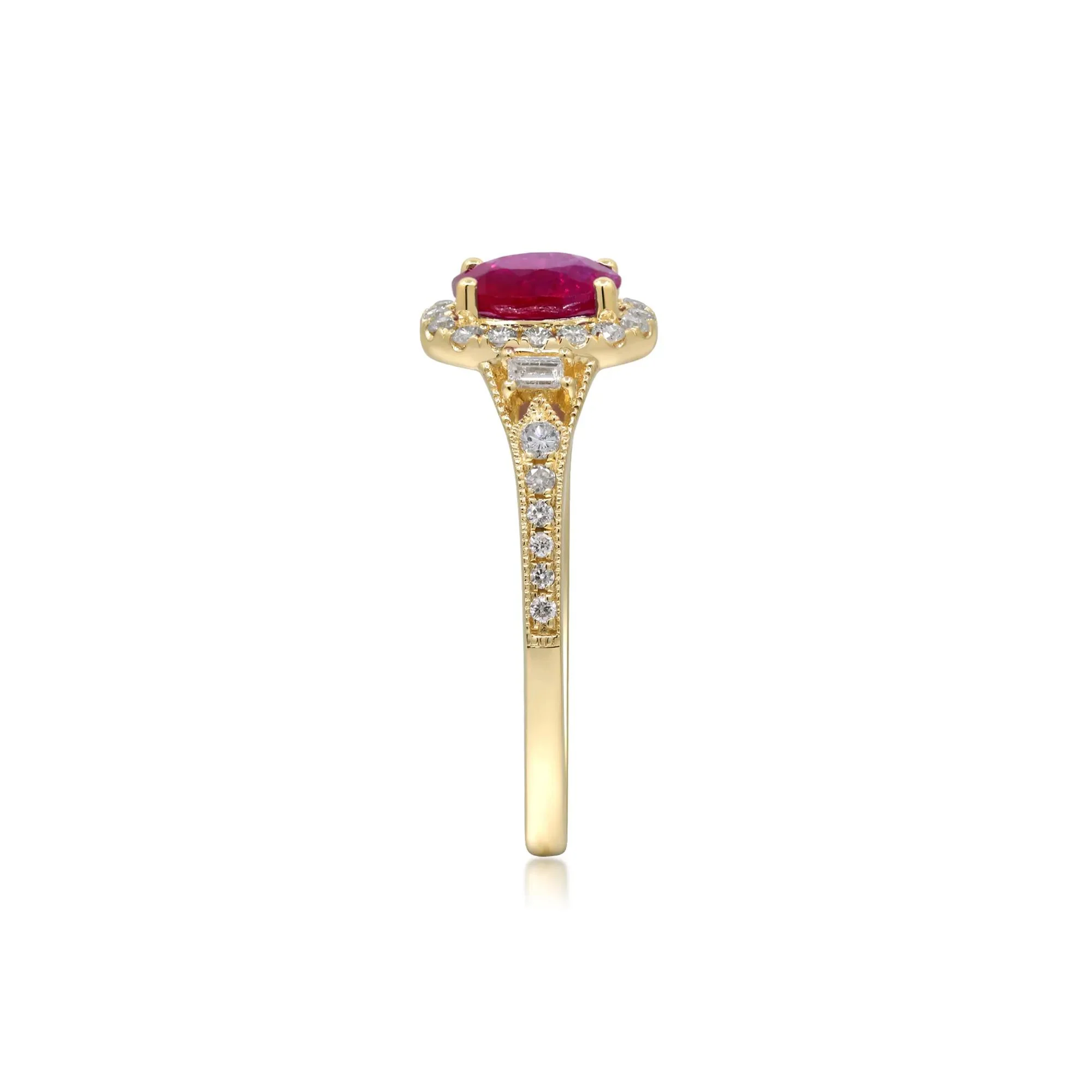 1/3 CT. Tw. Ruby & Diamond Halo Ring 10K Yellow Gold Round Brilliant Cut Size 8 2mm - Image 3