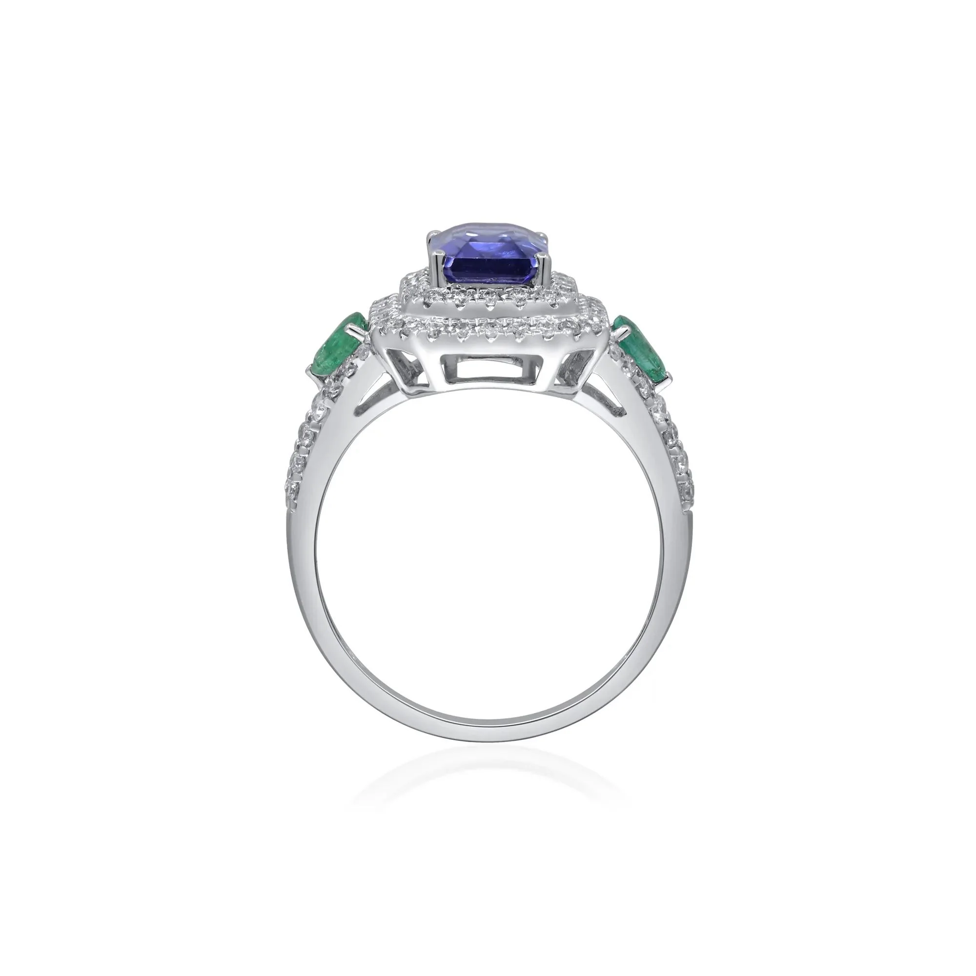 1/2 CT. Tw. Tanzanite & Emerald Double Halo Ring 14K White Gold Round Brilliant Cut Size 6 2mm - Image 2