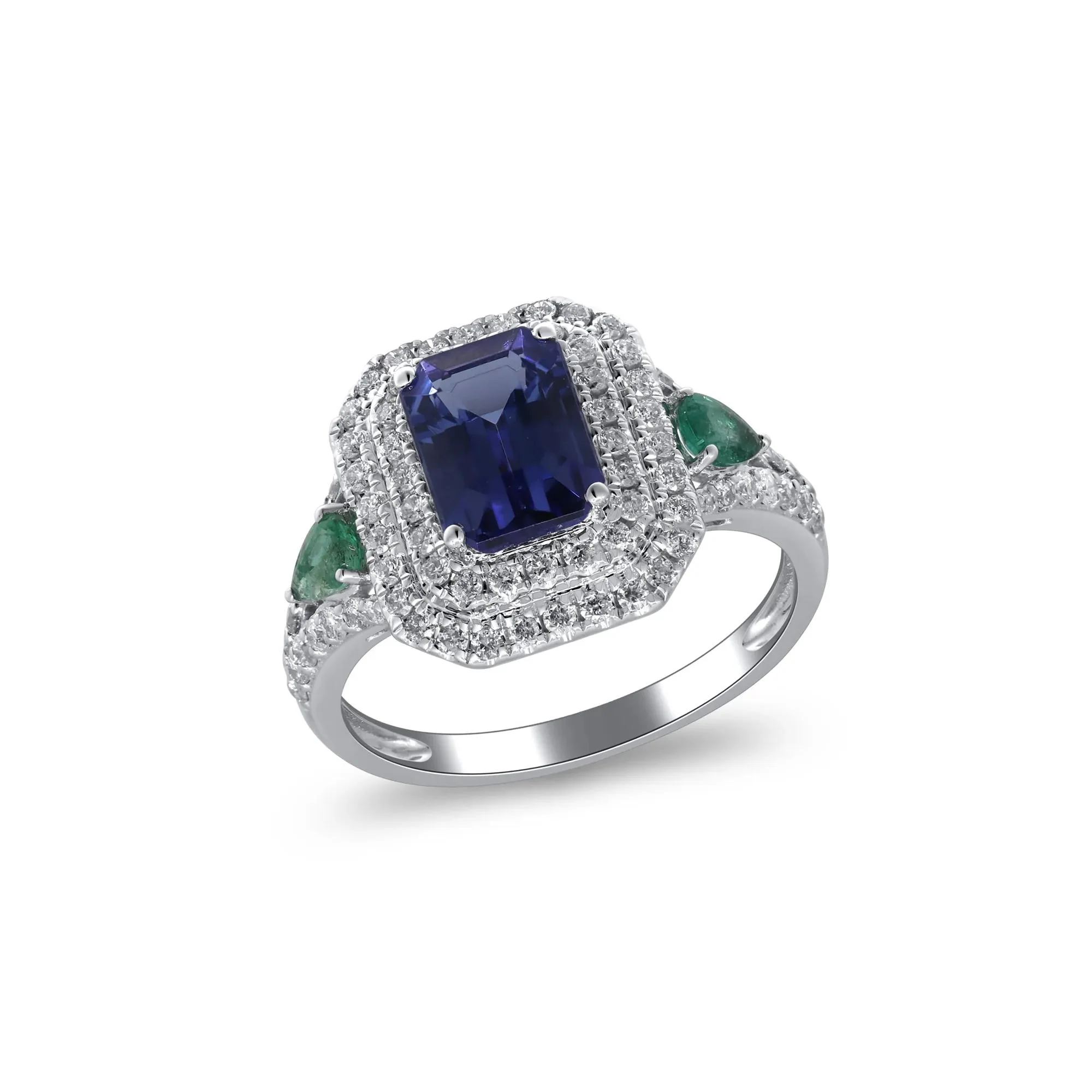 1/2 CT. Tw. Tanzanite & Emerald Double Halo Ring 14K White Gold Round Brilliant Cut Size 7 2mm - Image 5
