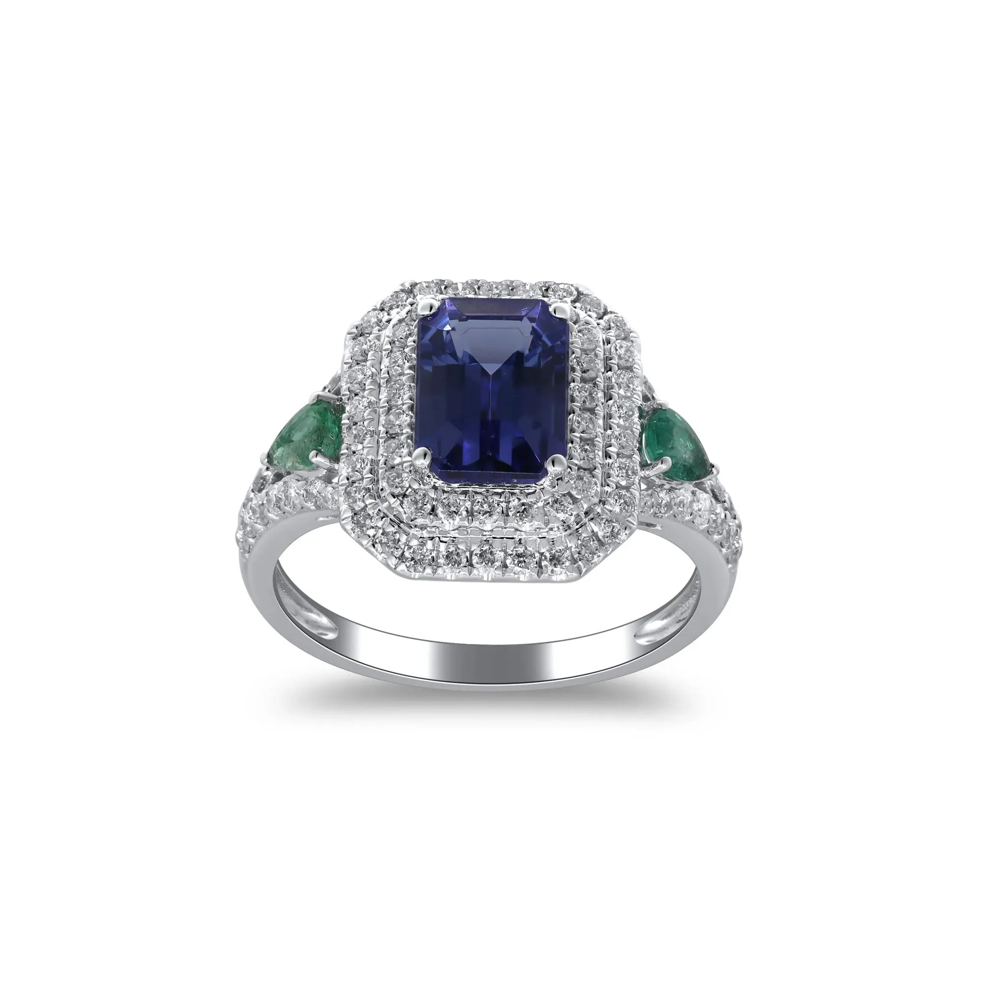 1/2 CT. Tw. Tanzanite & Emerald Double Halo Ring 14K White Gold Round Brilliant Cut Size 8 2mm - Image 4