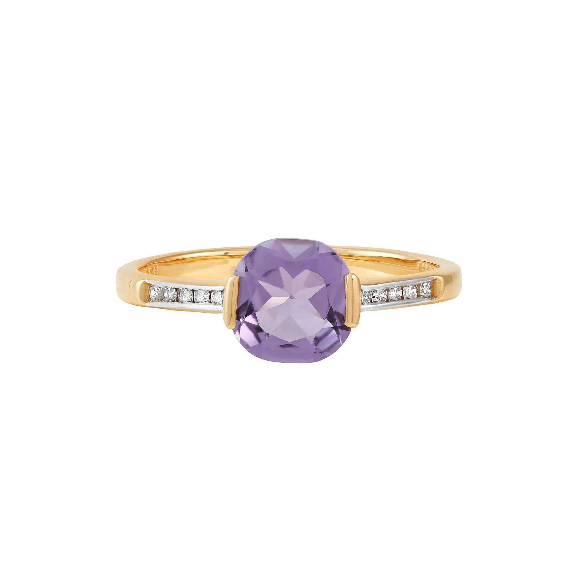 1/10 CT. Tw. Cushion-Cut Amethyst and Diamond Ring 10K Yellow Gold Round Brilliant Cut Size 7 1mm