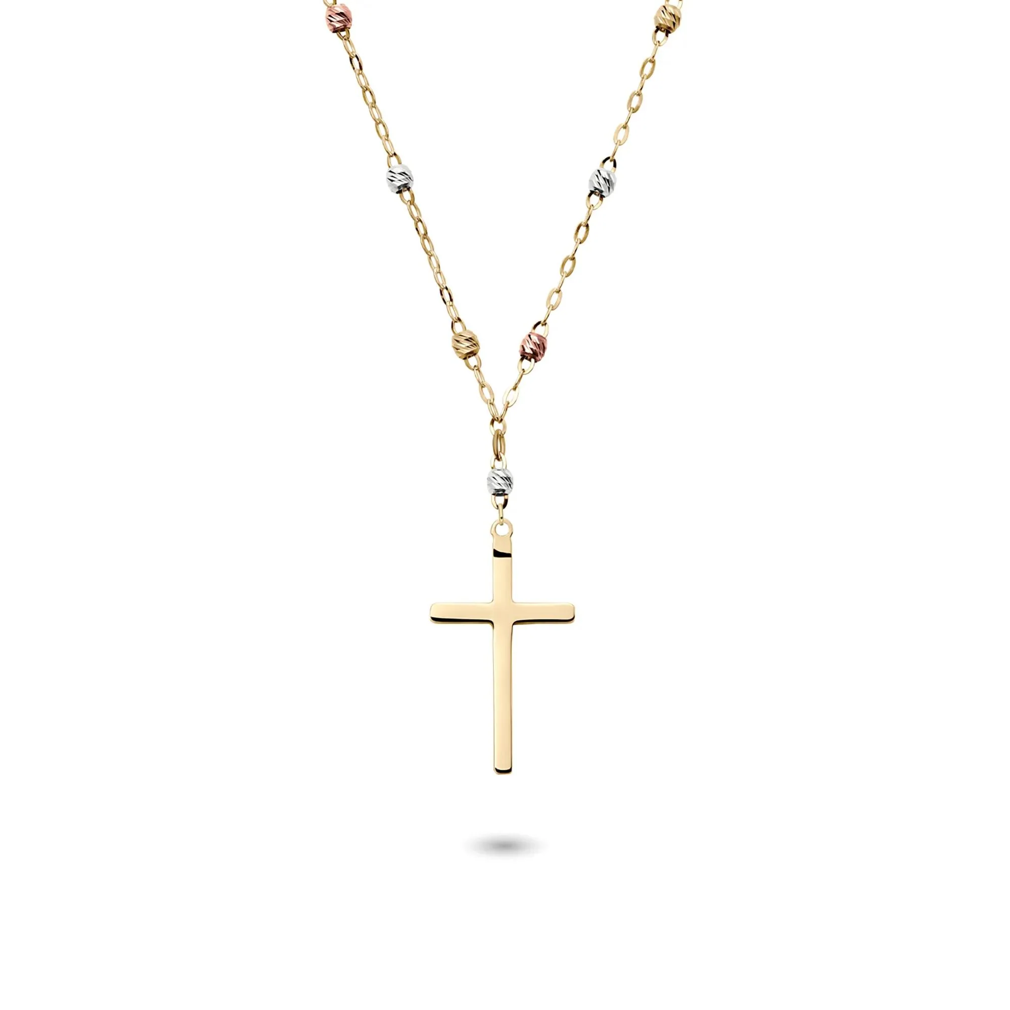 Tricolor Bead Cross Necklace 14K Gold Yellow Size 18" - Image 3