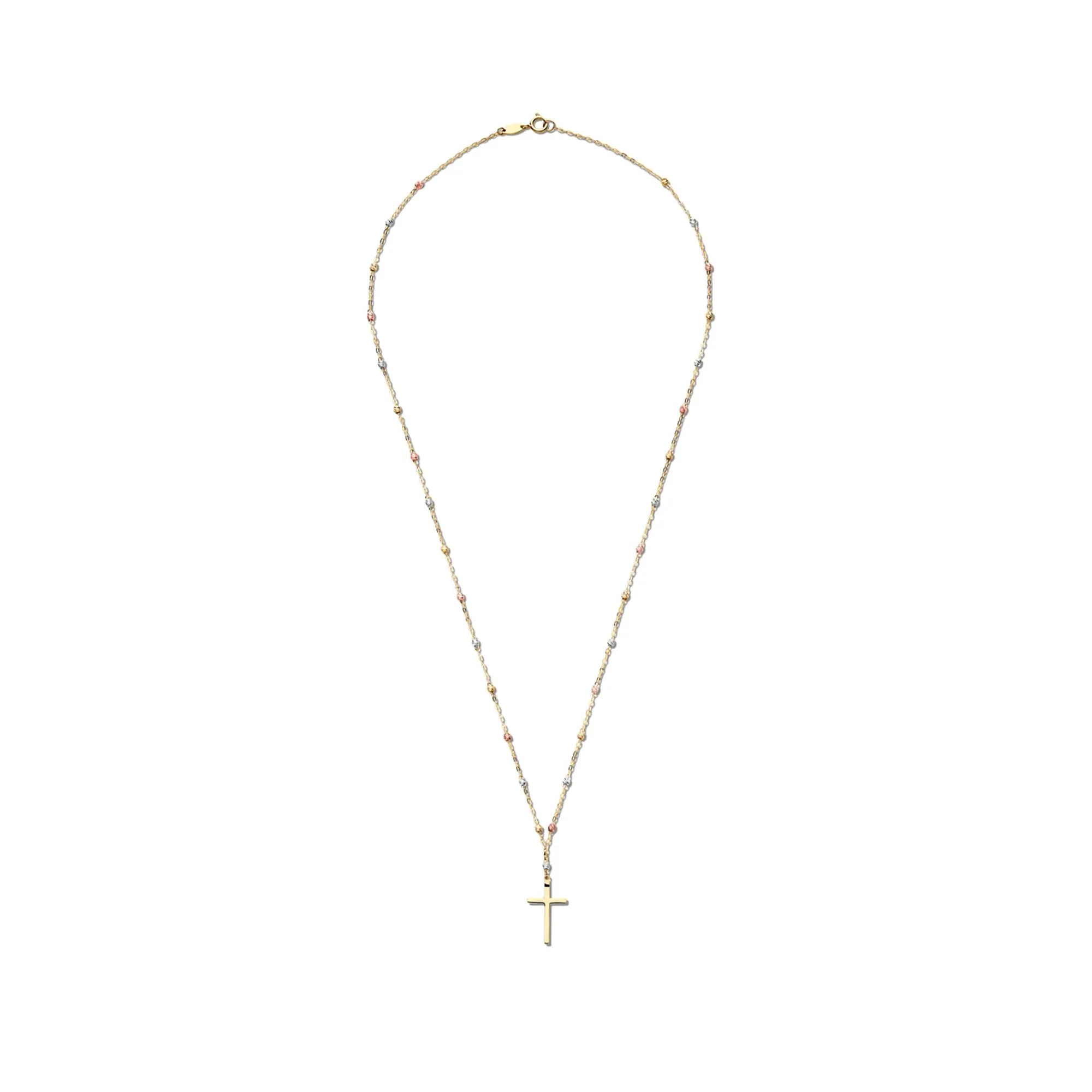 Tricolor Bead Cross Necklace 14K Gold Yellow Size 18" - Image 4