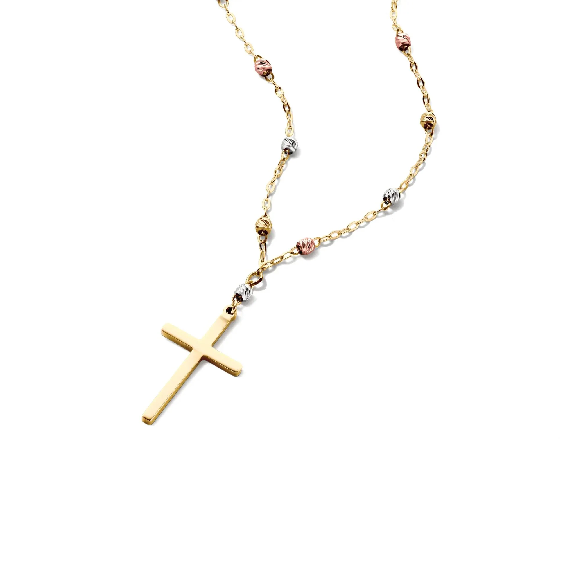 Tricolor Bead Cross Necklace 14K Gold Yellow Size 18" - Image 5
