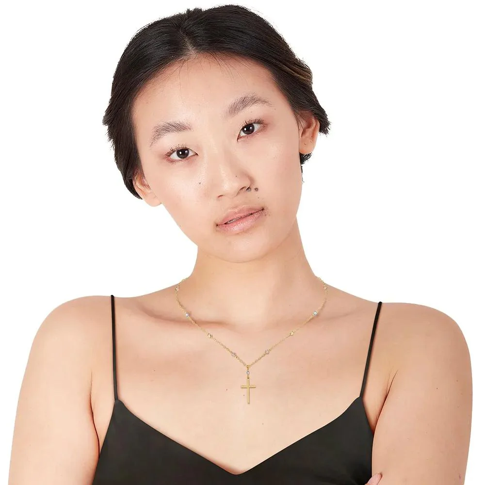 Tricolor Bead Cross Necklace 14K Gold Yellow Size 18" - Image 6