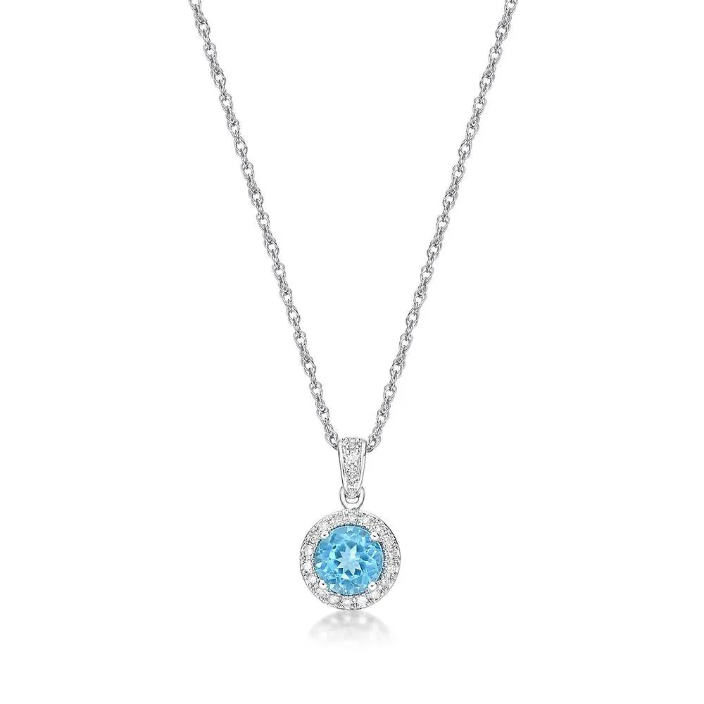 1/10 CT. Tw. Swiss Blue Topaz & Diamond Pendant Necklace .925 Sterling Silver White Size 18" - Image 4