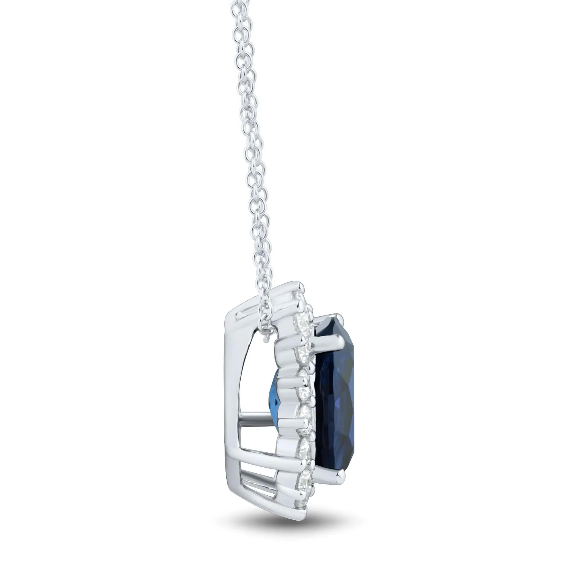 1/3 CT. Tw. Lab-Created Blue Sapphire and Lab Grown Diamond Halo Pendant Necklace 10K White Gold Size 18" - Image 2