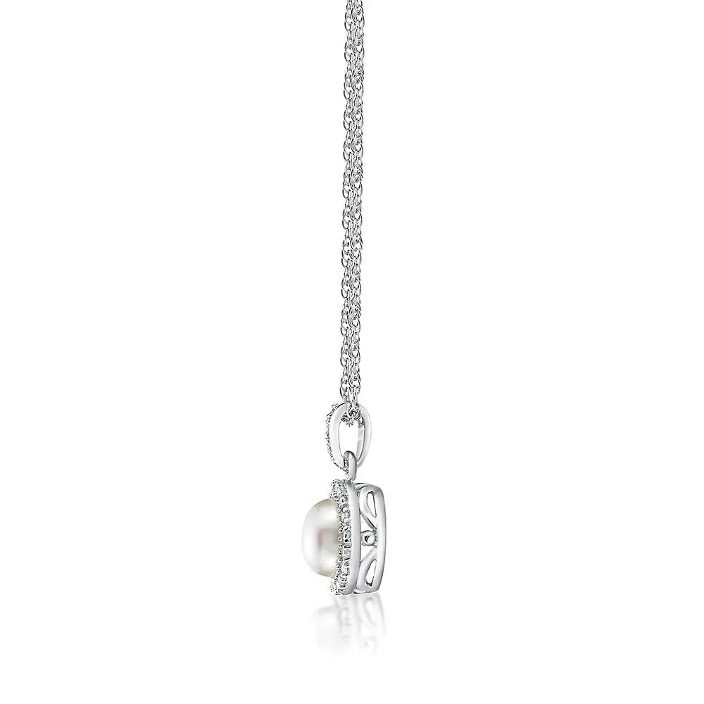 1/10 CT. Tw. Freshwater Cultured Pearl & Diamond Pendant Necklace .925 Sterling Silver White Size 18" - Image 2
