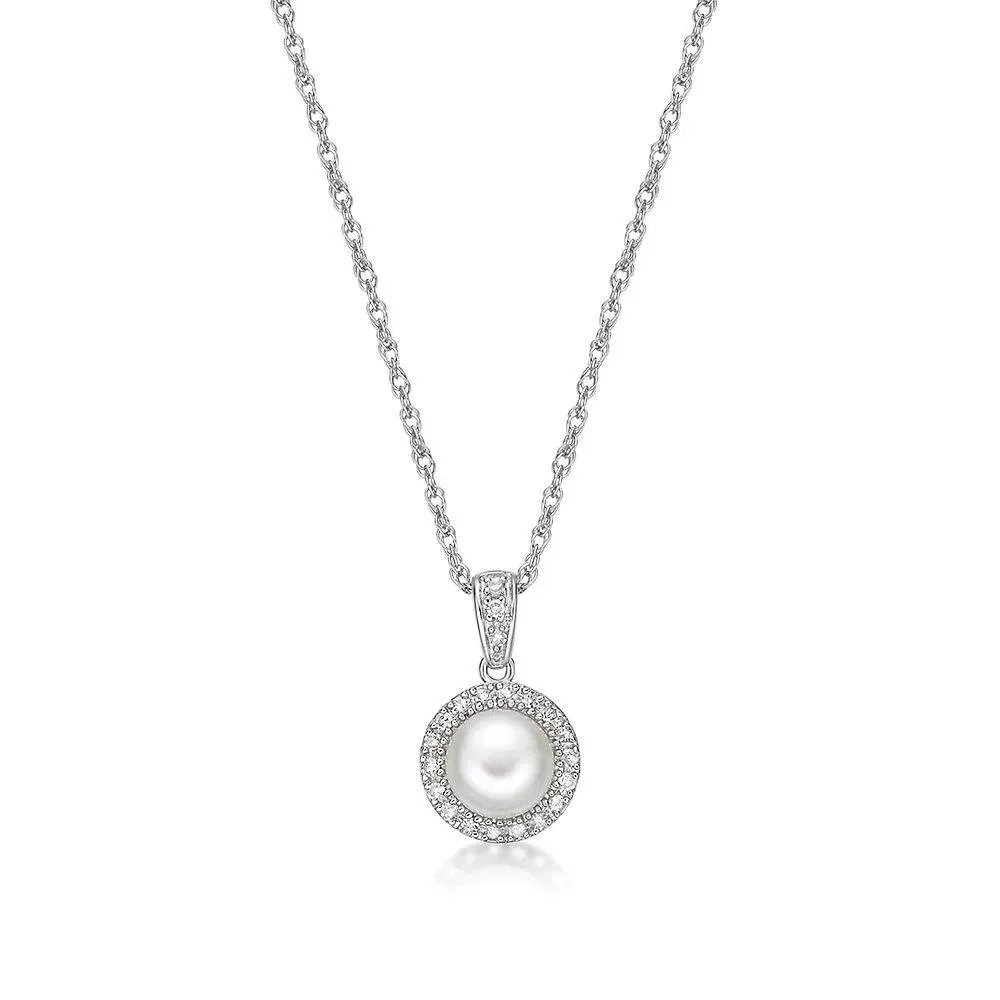 1/10 CT. Tw. Freshwater Cultured Pearl & Diamond Pendant Necklace .925 Sterling Silver White Size 18" - Image 4