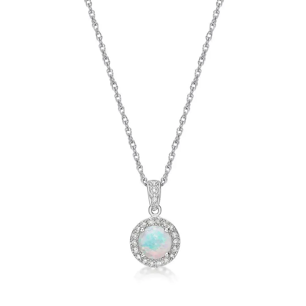 1/10 CT. Tw. Opal & Diamond Pendant Necklace .925 Sterling Silver White Size 18" - Image 4