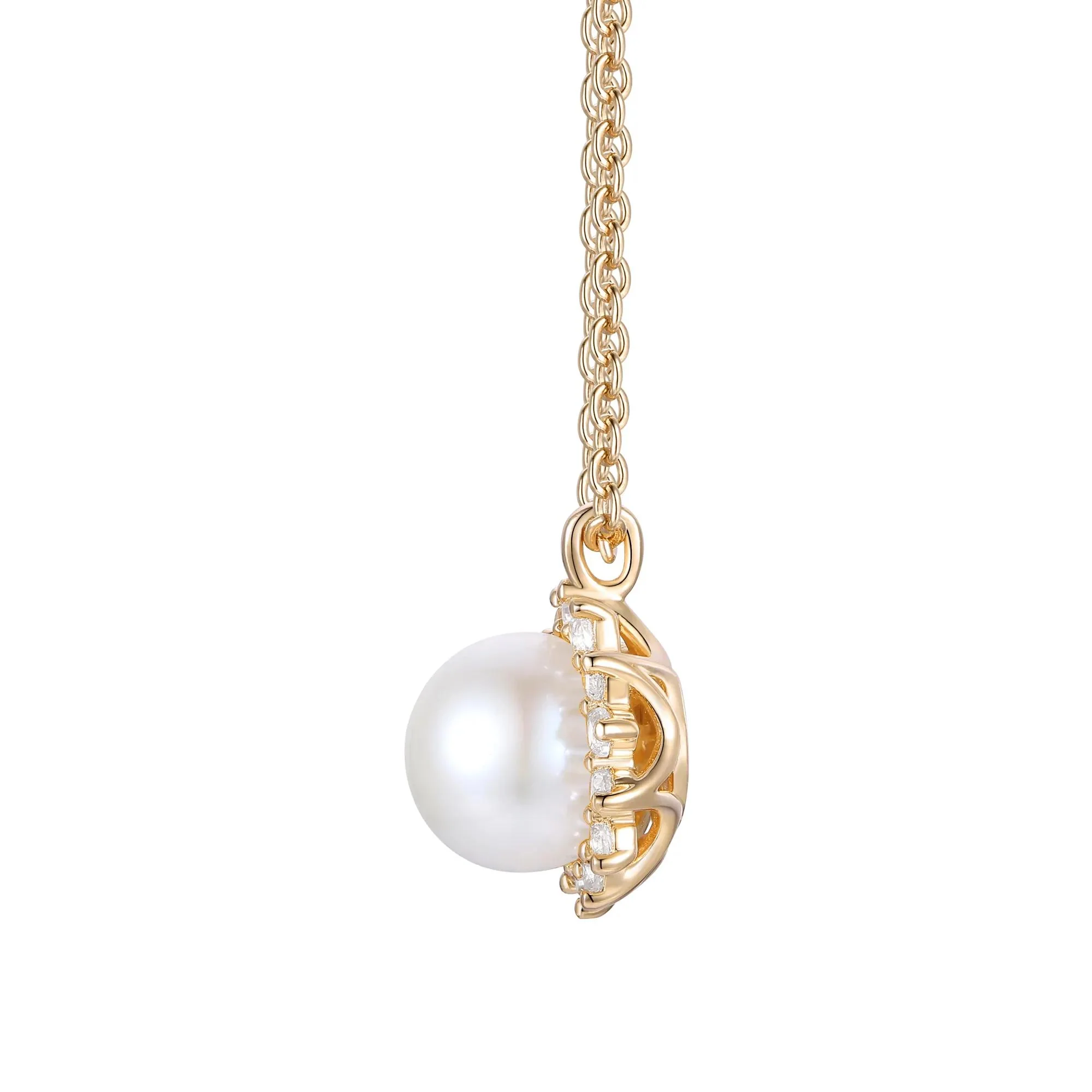 1/5 CT. Tw. Freshwater Cultured Pearl and Diamond Halo Necklace 10K Yellow Gold Size 18" - Image 2