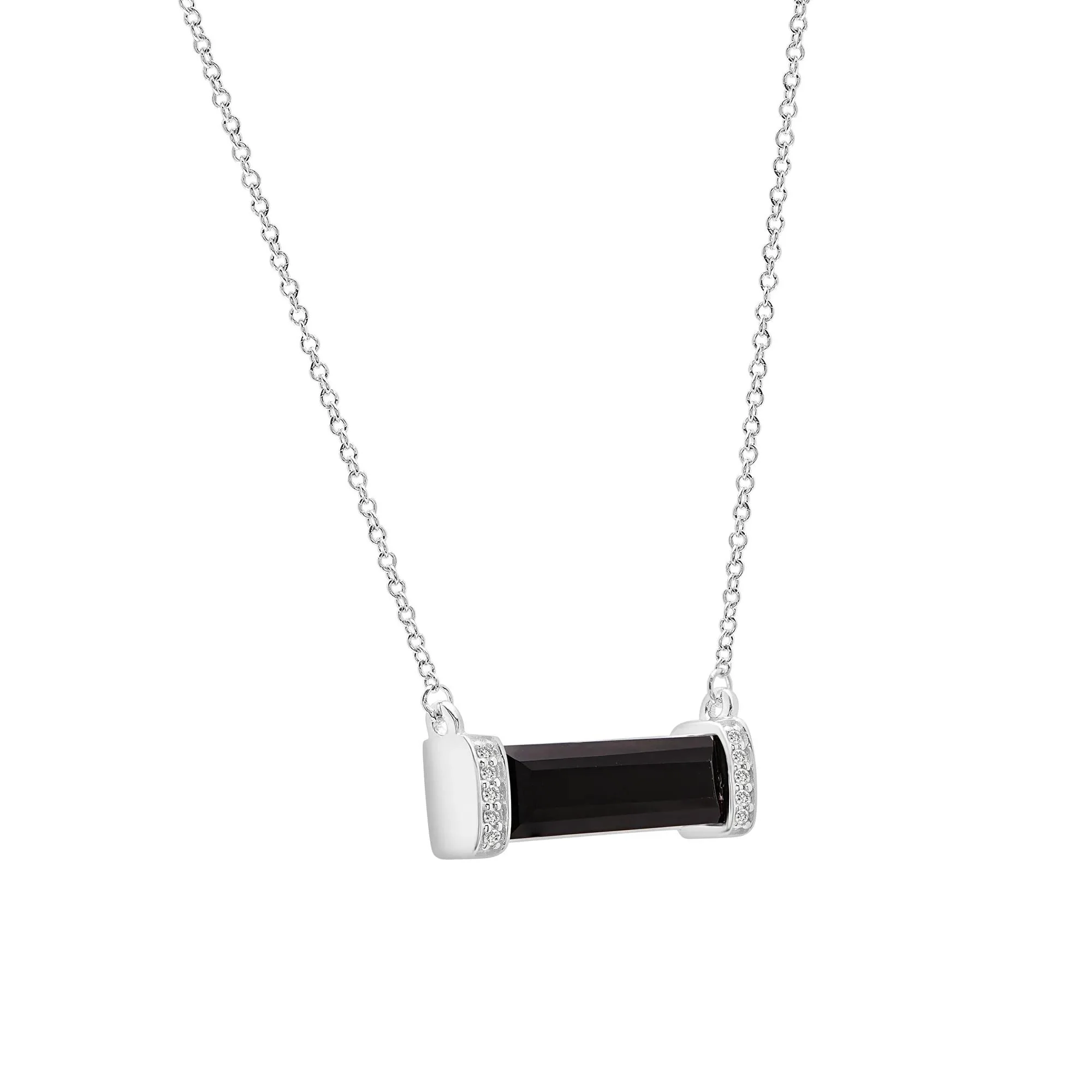 Black Agate and Diamond Accent Pendant Necklace .925 Sterling Silver White Size 16" - Image 2