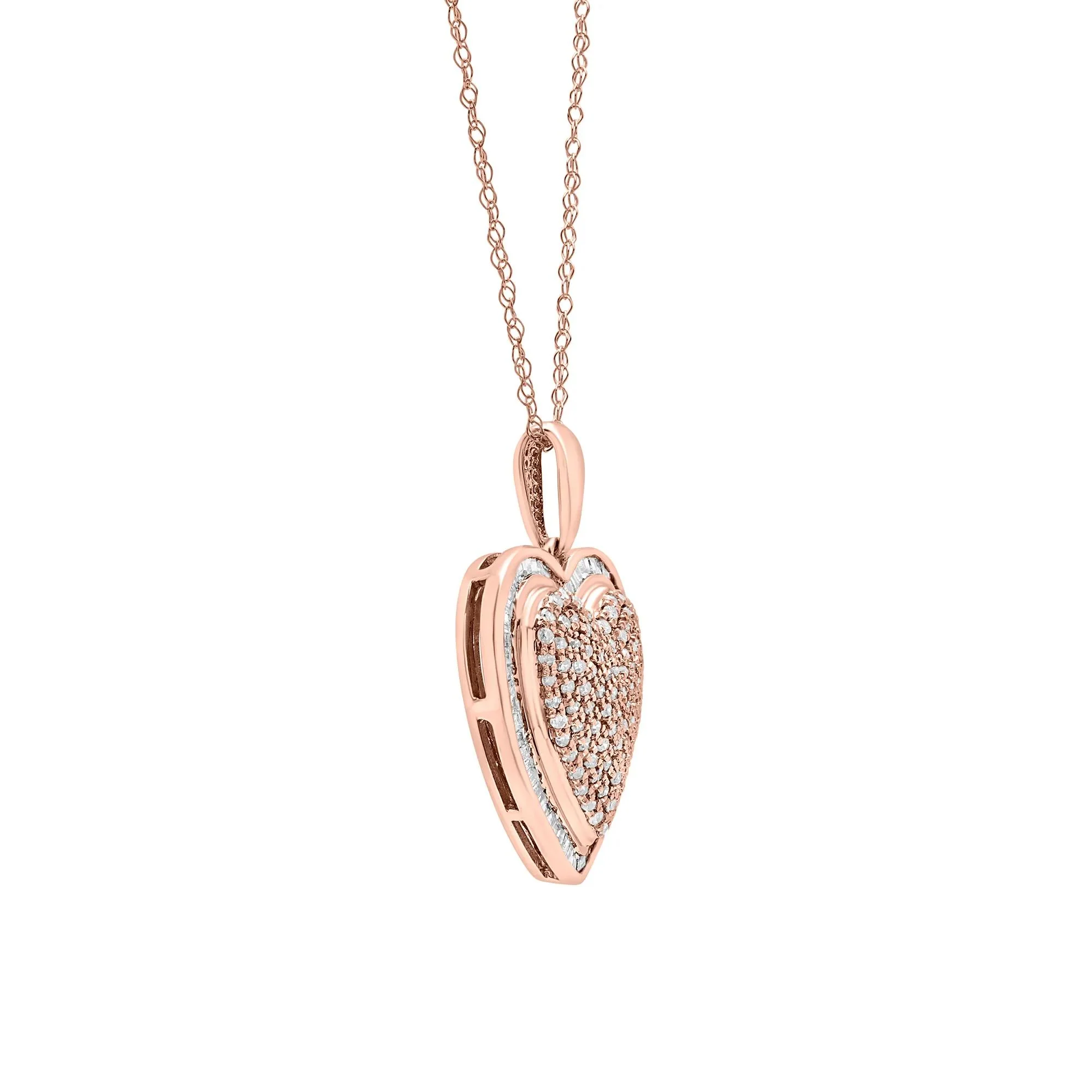 1/2 CT. Tw. Round and Baguette Diamond Heart Pendant Necklace 10K Rose Gold Size 18" - Image 3