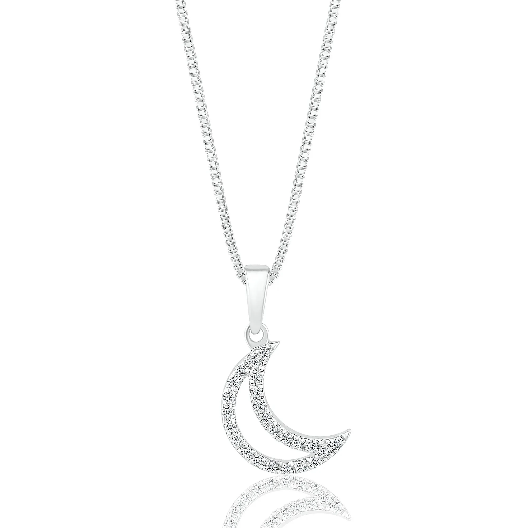 1/10 CT. Tw. Diamond Moon Pendant Necklace .925 Sterling Silver White Size 18"
