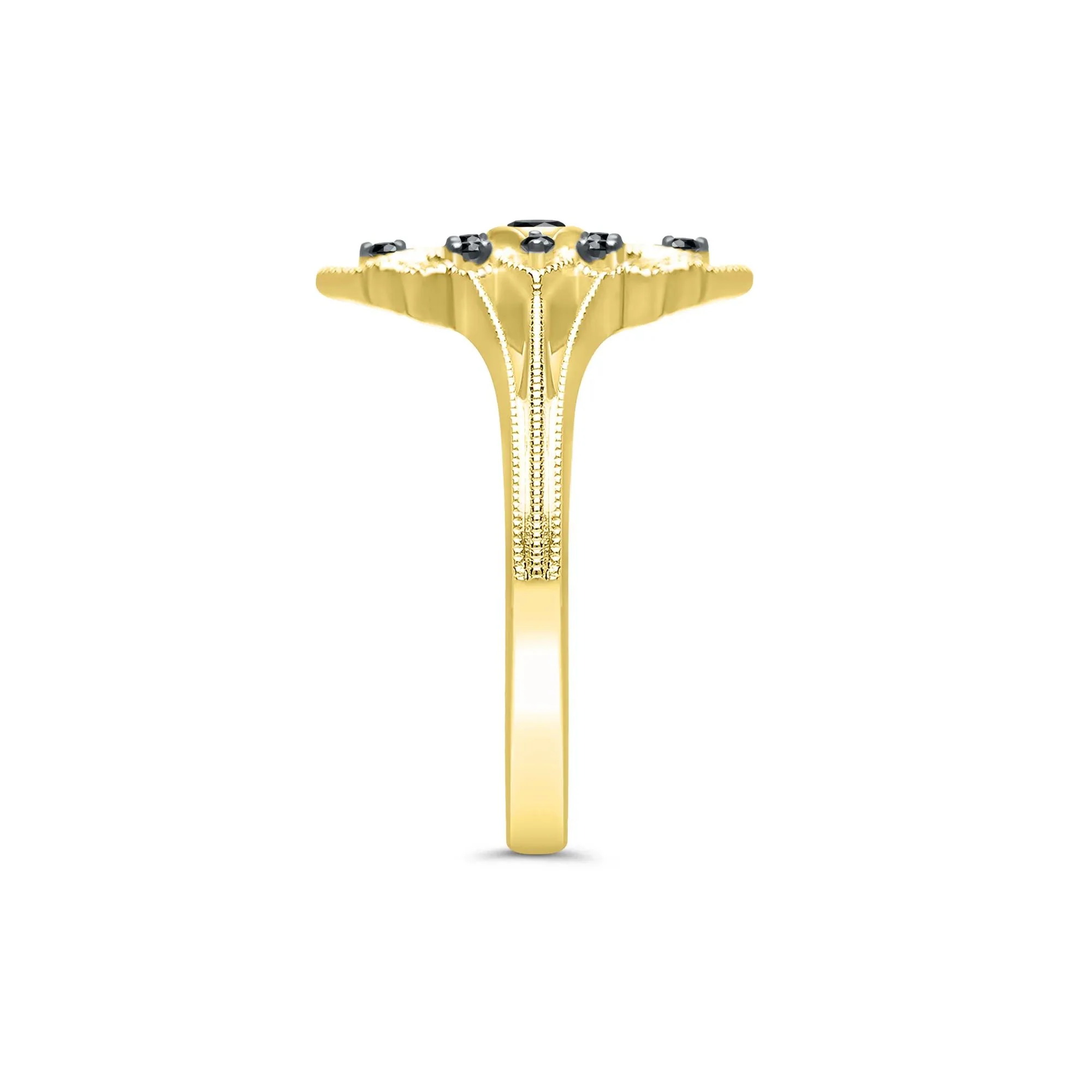 1/8 CT. Tw. Vintage-Style Milgrain Black Diamond Ring 10K Yellow Gold Round Brilliant Cut Size 6 - Image 3