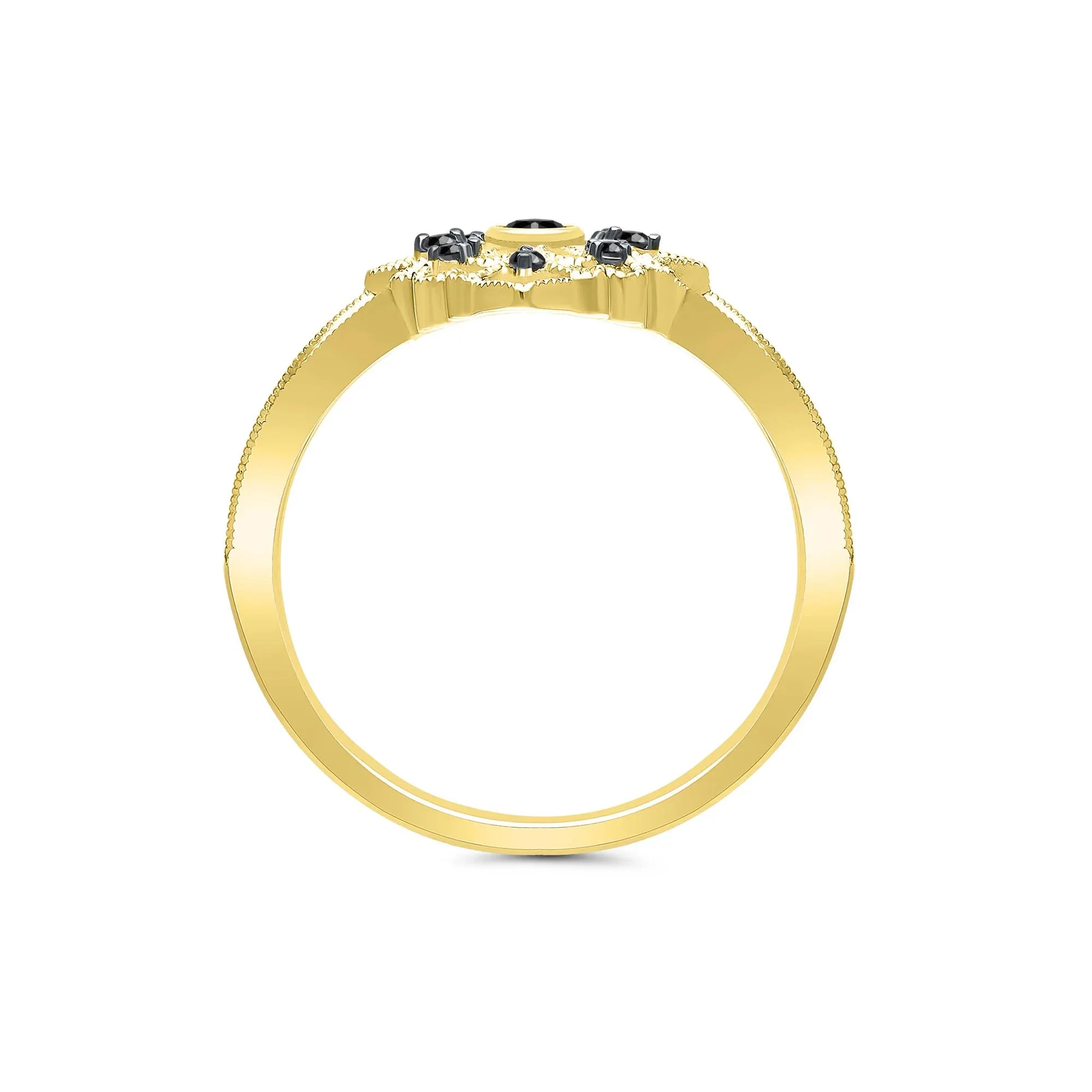 1/8 CT. Tw. Vintage-Style Milgrain Black Diamond Ring 10K Yellow Gold Round Brilliant Cut Size 7 - Image 2
