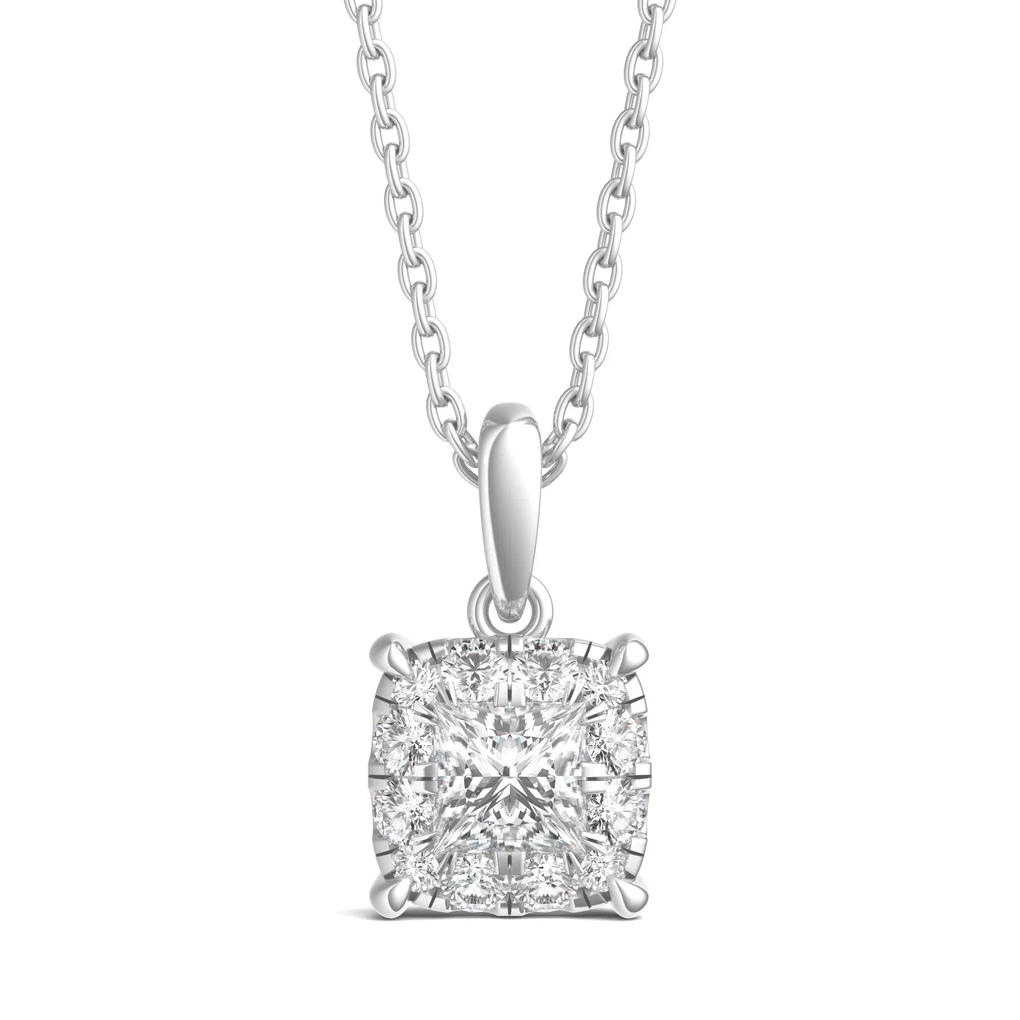 1/2 CT. Tw. Lab Grown Diamond Princess-Cut Halo Pendant Necklace 14K White Gold Size 18"