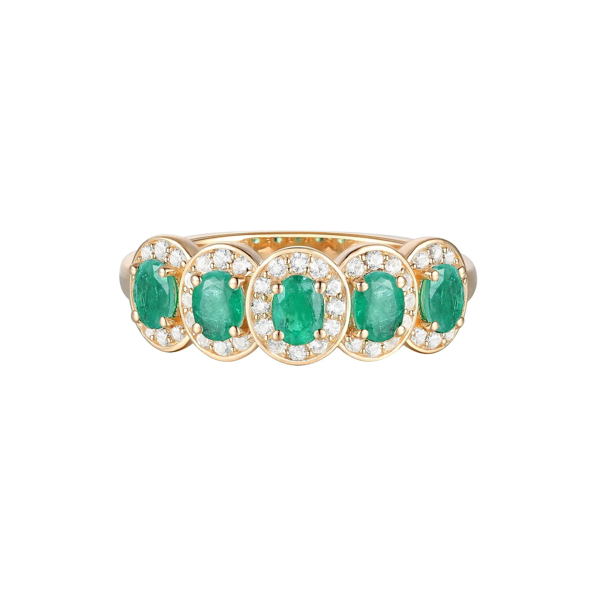 1/4 CT. Tw. Emerald and Diamond Oval Band Ring 14K Yellow Gold Round Brilliant Cut Size 6.5 1mm