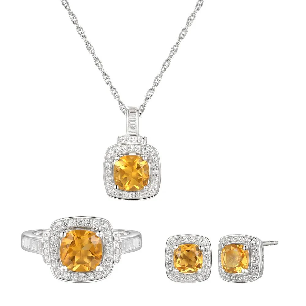 Cushion-Cut Citrine & Lab Created White Sapphire Earring Pendant Necklace & Ring Set .925 Sterling Silver Size 6.5