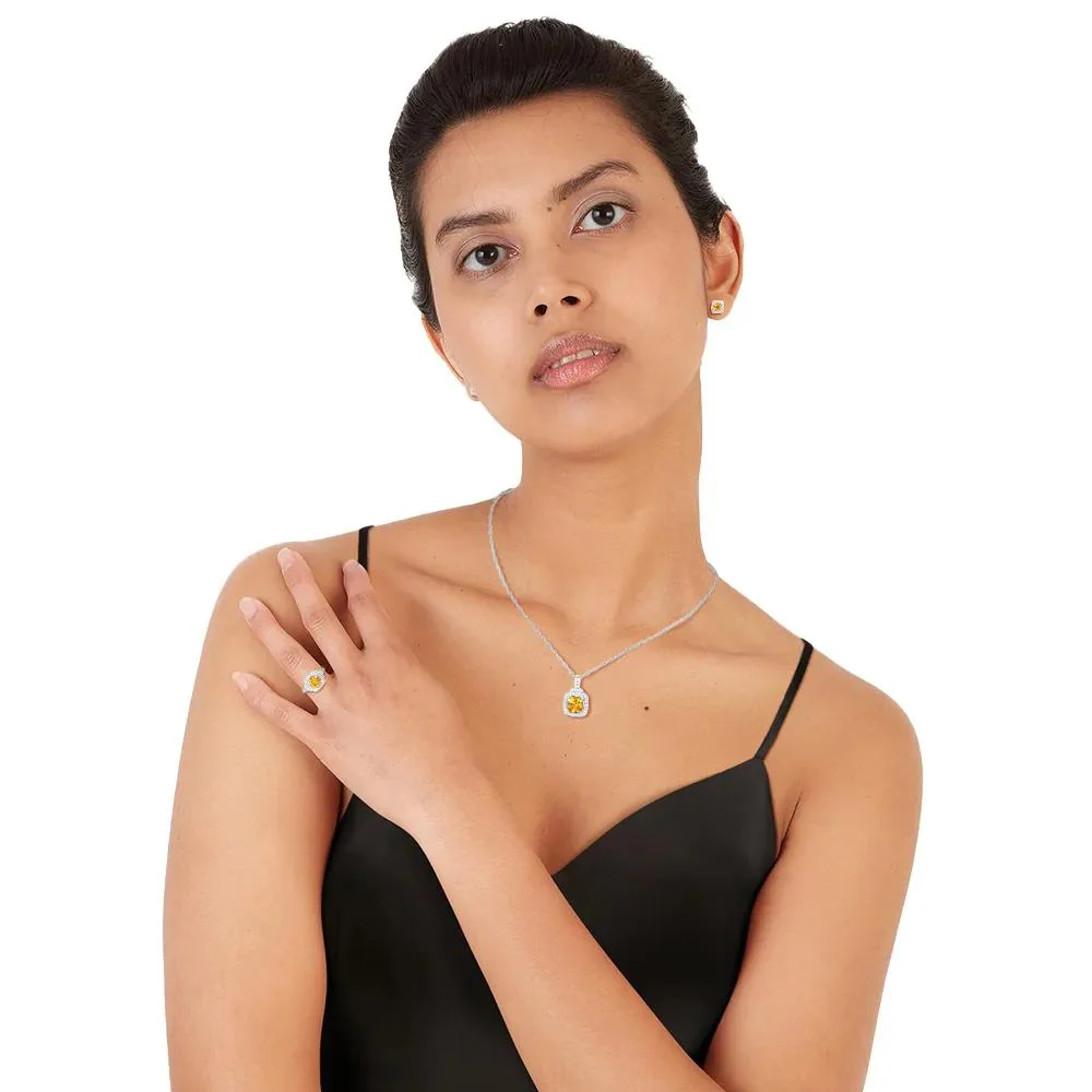 Cushion-Cut Citrine & Lab Created White Sapphire Earring Pendant Necklace & Ring Set .925 Sterling Silver Size 8 - Image 9