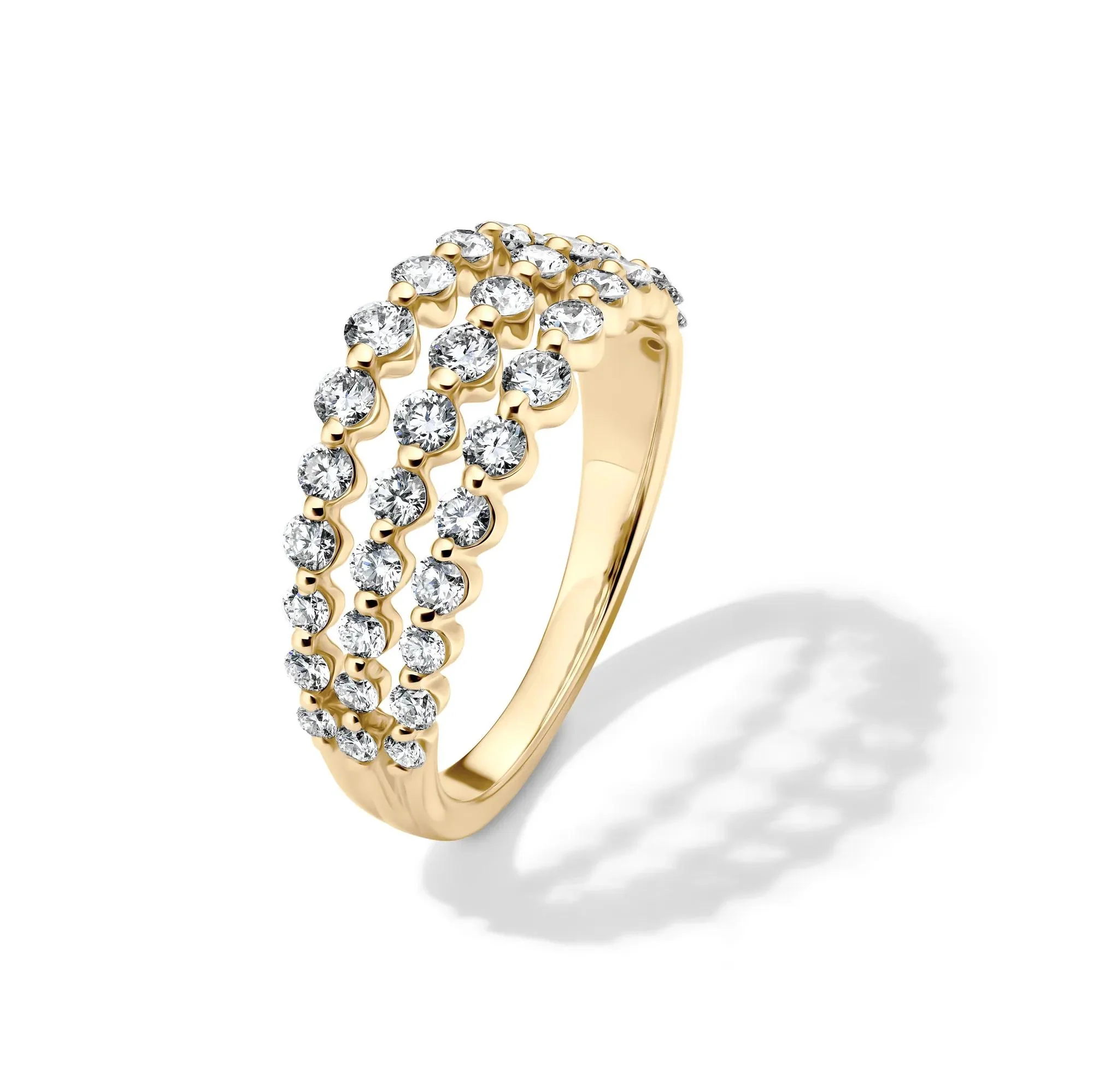 1 CT. Tw. Lab Grown Diamond Three-Row Anniversary Band Ring 10K Yellow Gold Round Brilliant Cut Size 5.5 1mm