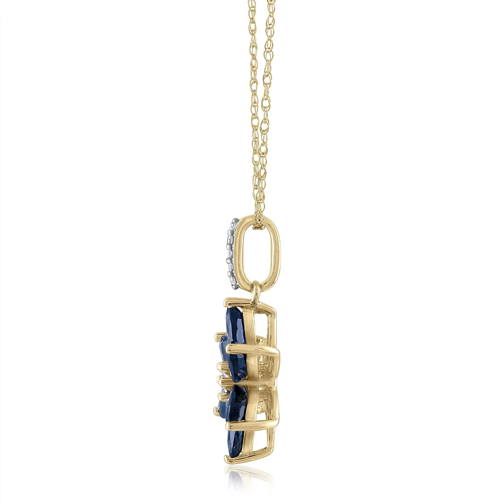 Blue Sapphire & Diamond Accent Flower Pendant Necklace 14K Yellow Gold Size 18" - Image 2