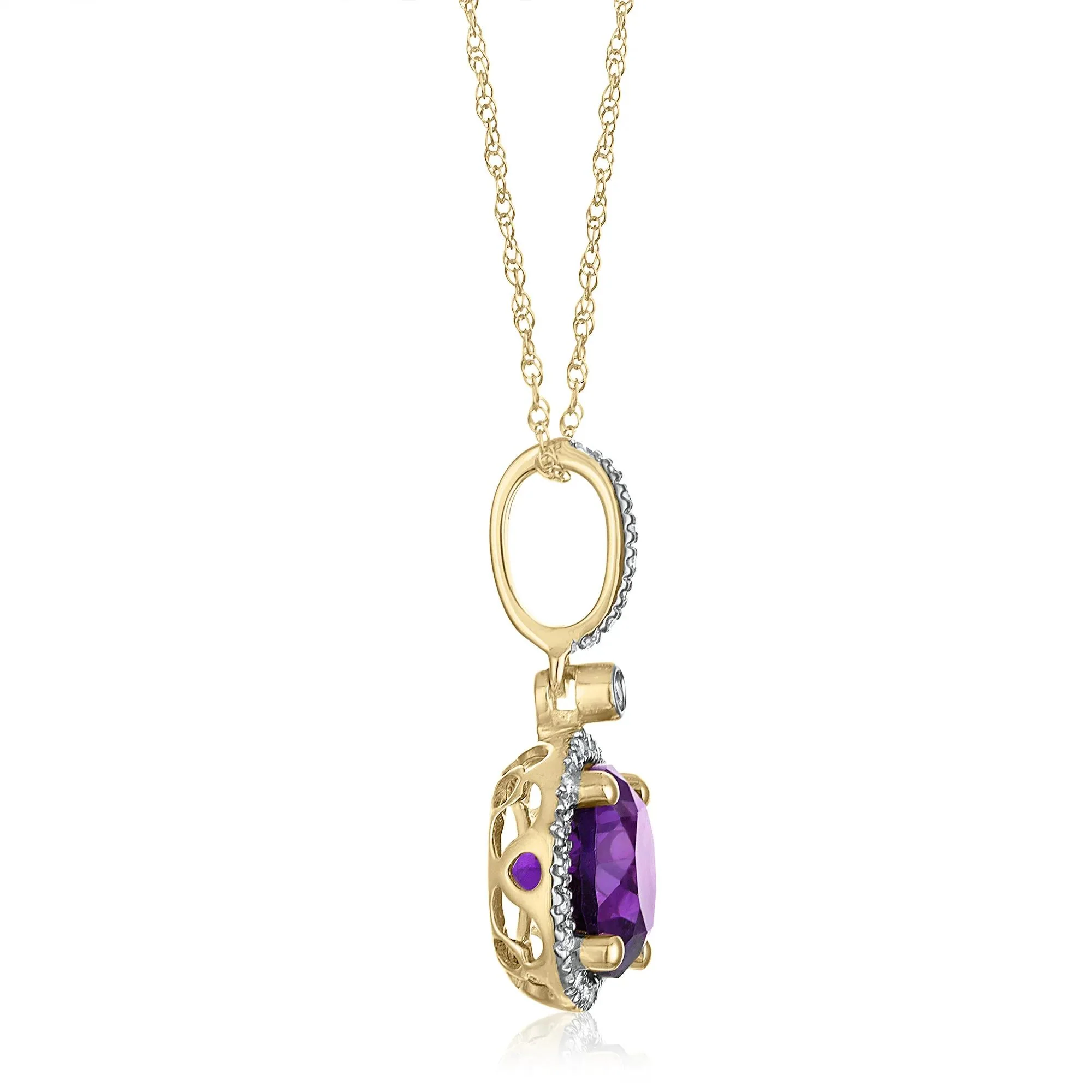 1/10 CT. Tw. Amethyst and Diamond Halo Pendant Necklace 10K Yellow Gold Size 18" - Image 2
