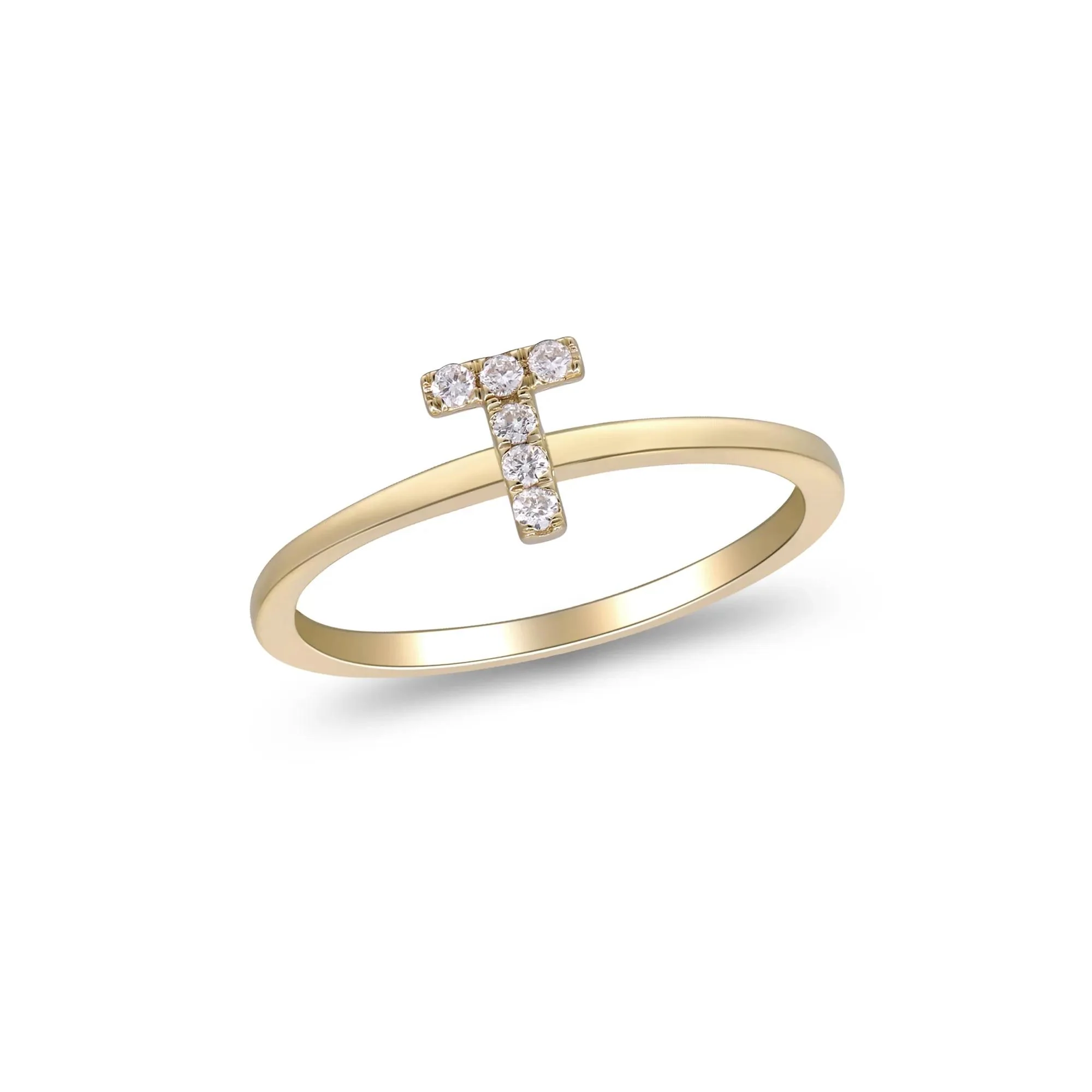 Diamond Accent "t" Initial Ring 10K Yellow Gold Round Brilliant Cut Size 7 2mm - Image 4