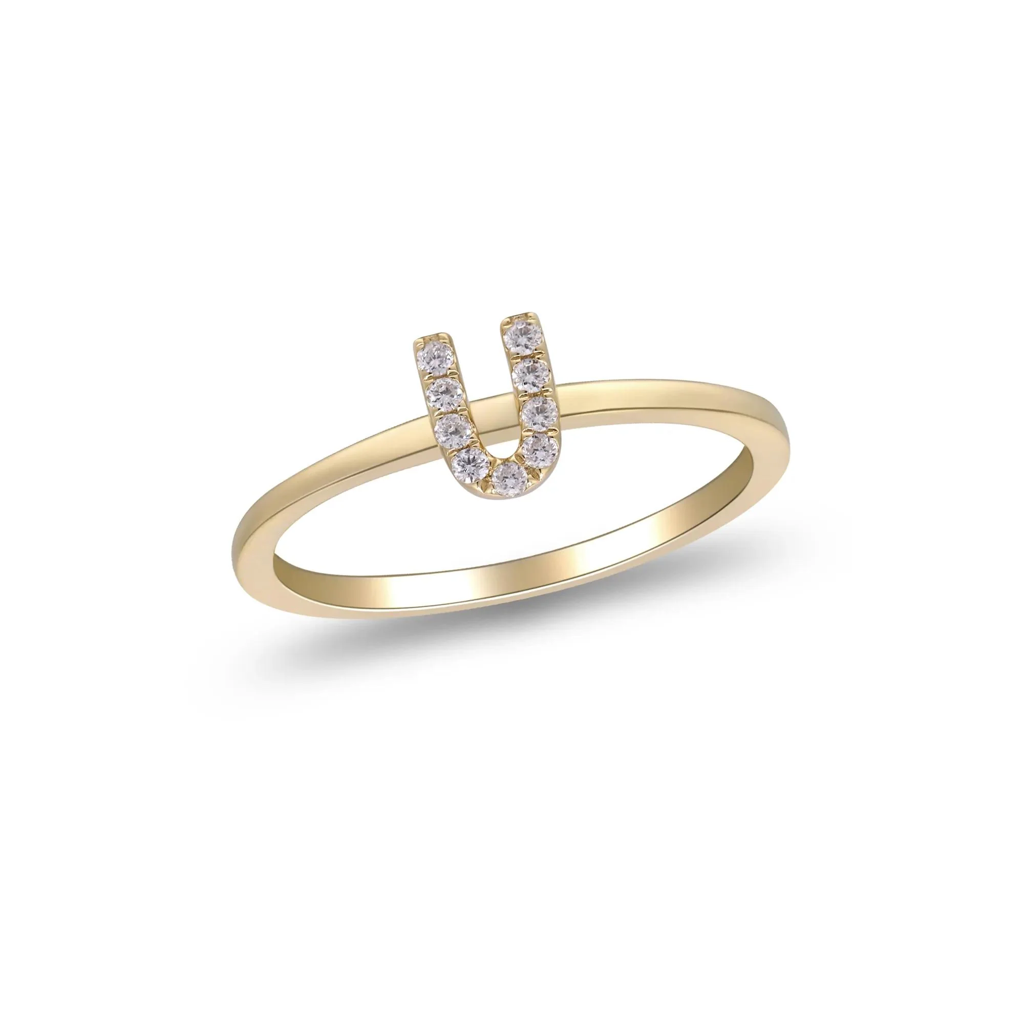 Diamond "u" Initial Ring 10K Yellow Gold Round Brilliant Cut Size 7 2mm - Image 4