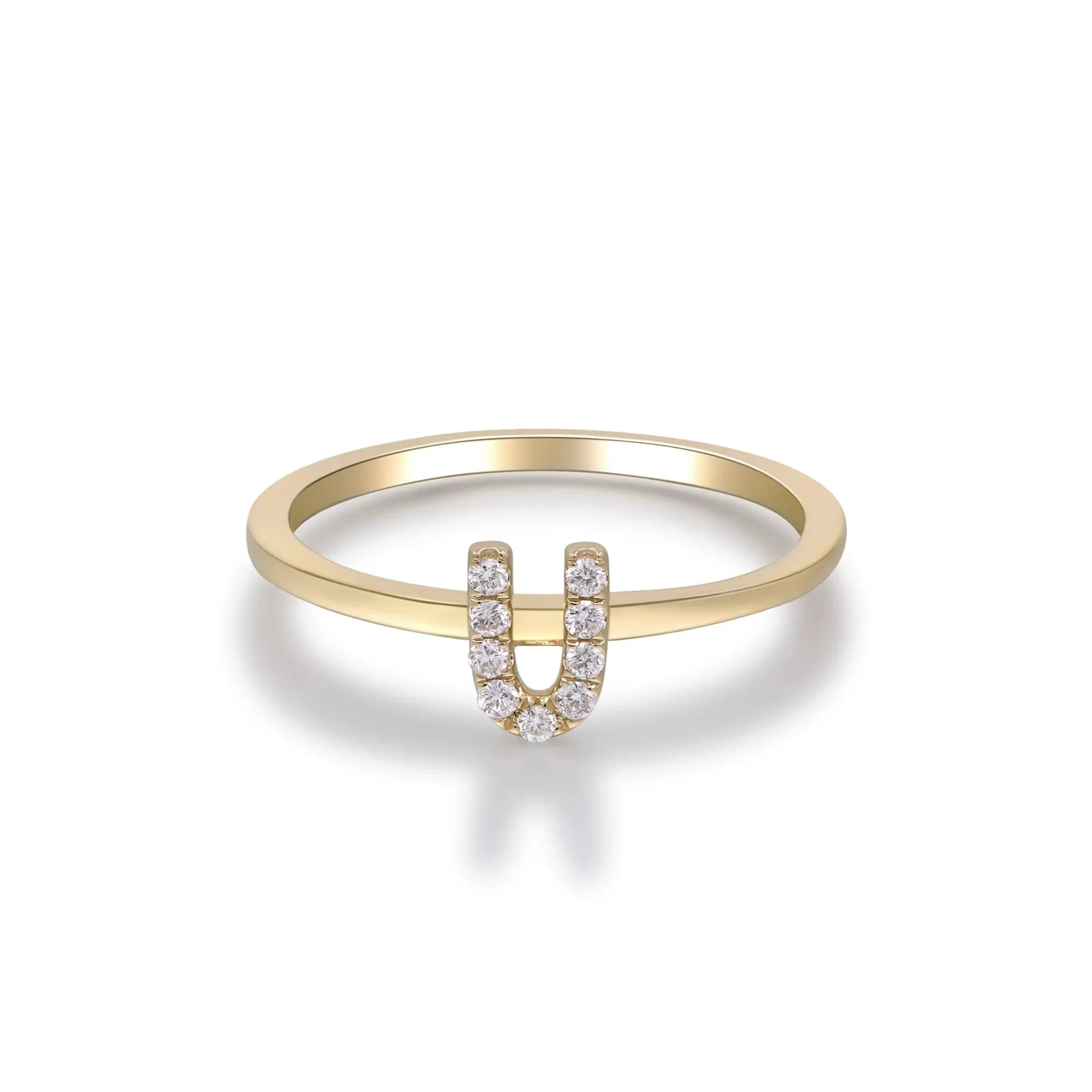 Diamond "u" Initial Ring 10K Yellow Gold Round Brilliant Cut Size 7 2mm - Image 5
