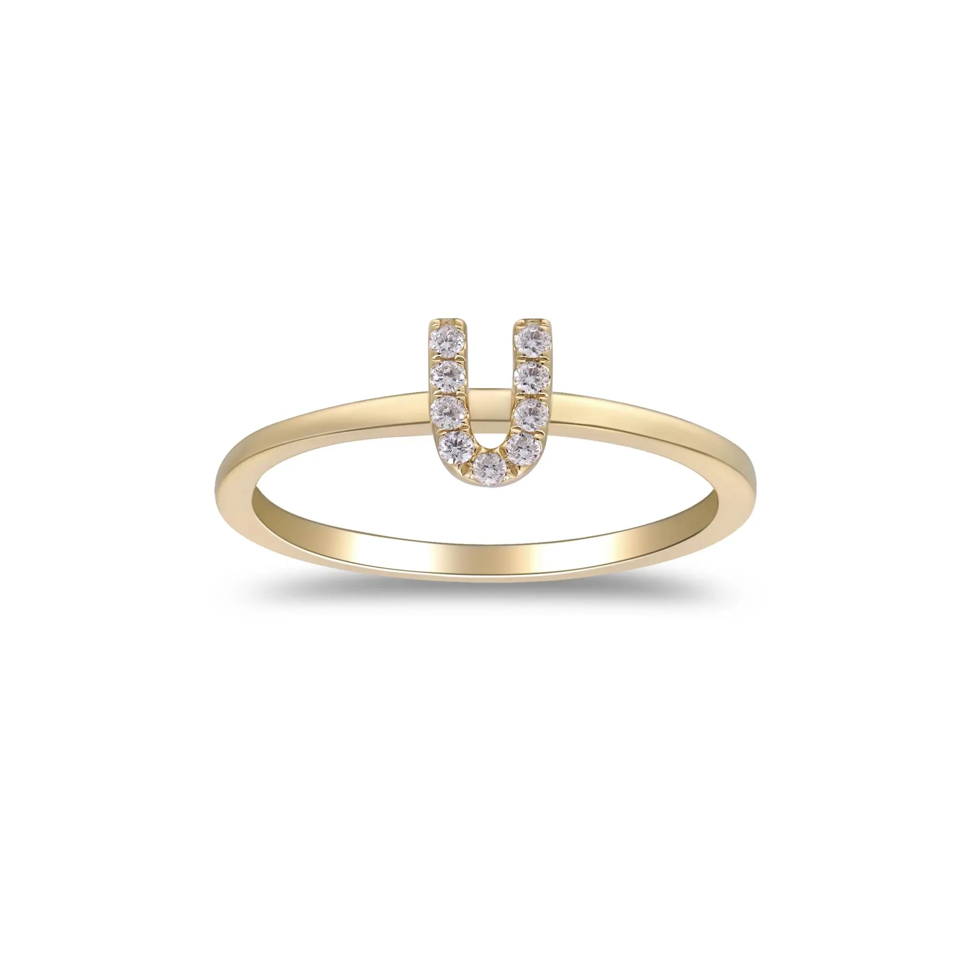 Diamond "u" Initial Ring 10K Yellow Gold Round Brilliant Cut Size 8 2mm