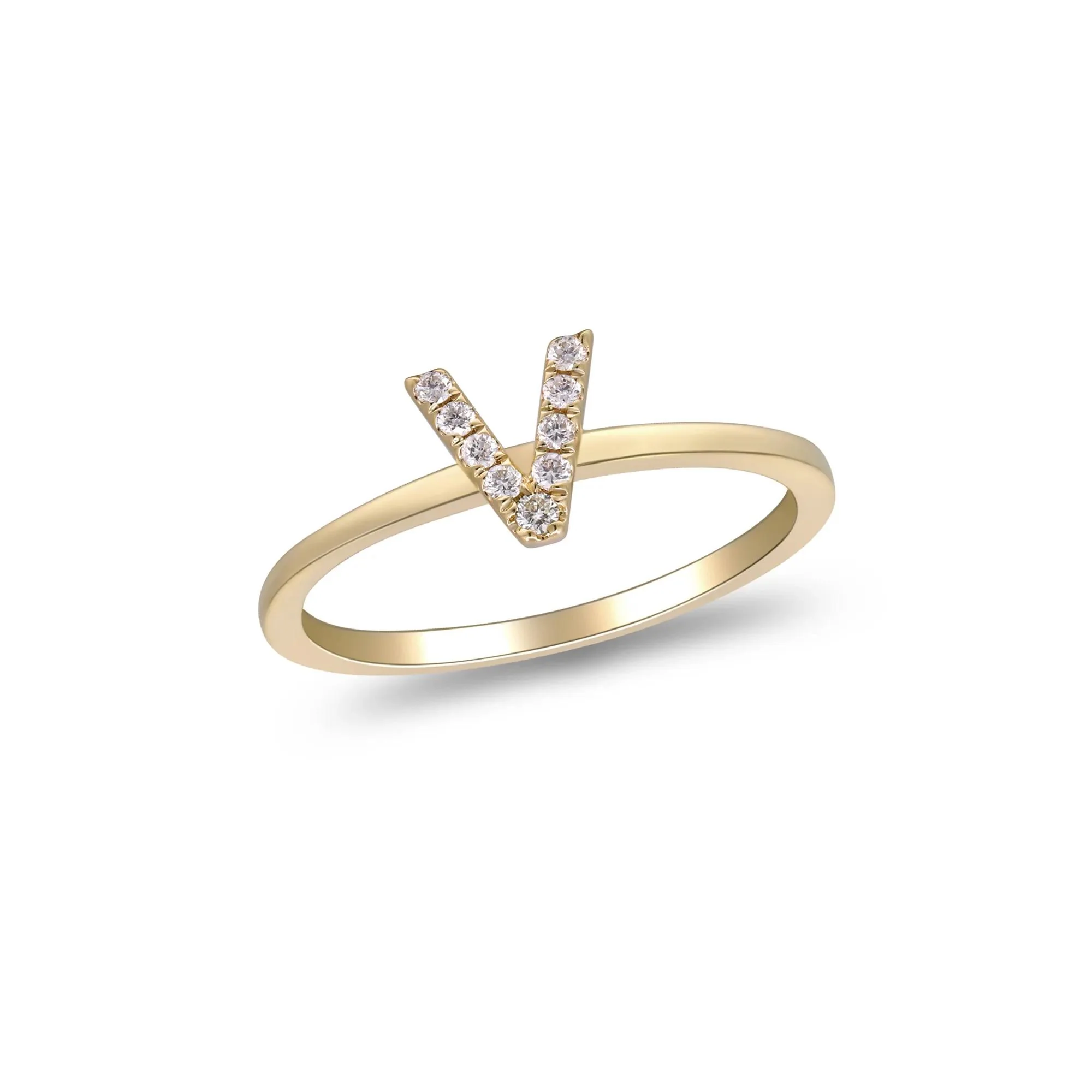 Diamond Accent "v" Initial Ring 10K Yellow Gold Round Brilliant Cut Size 8 2mm - Image 5
