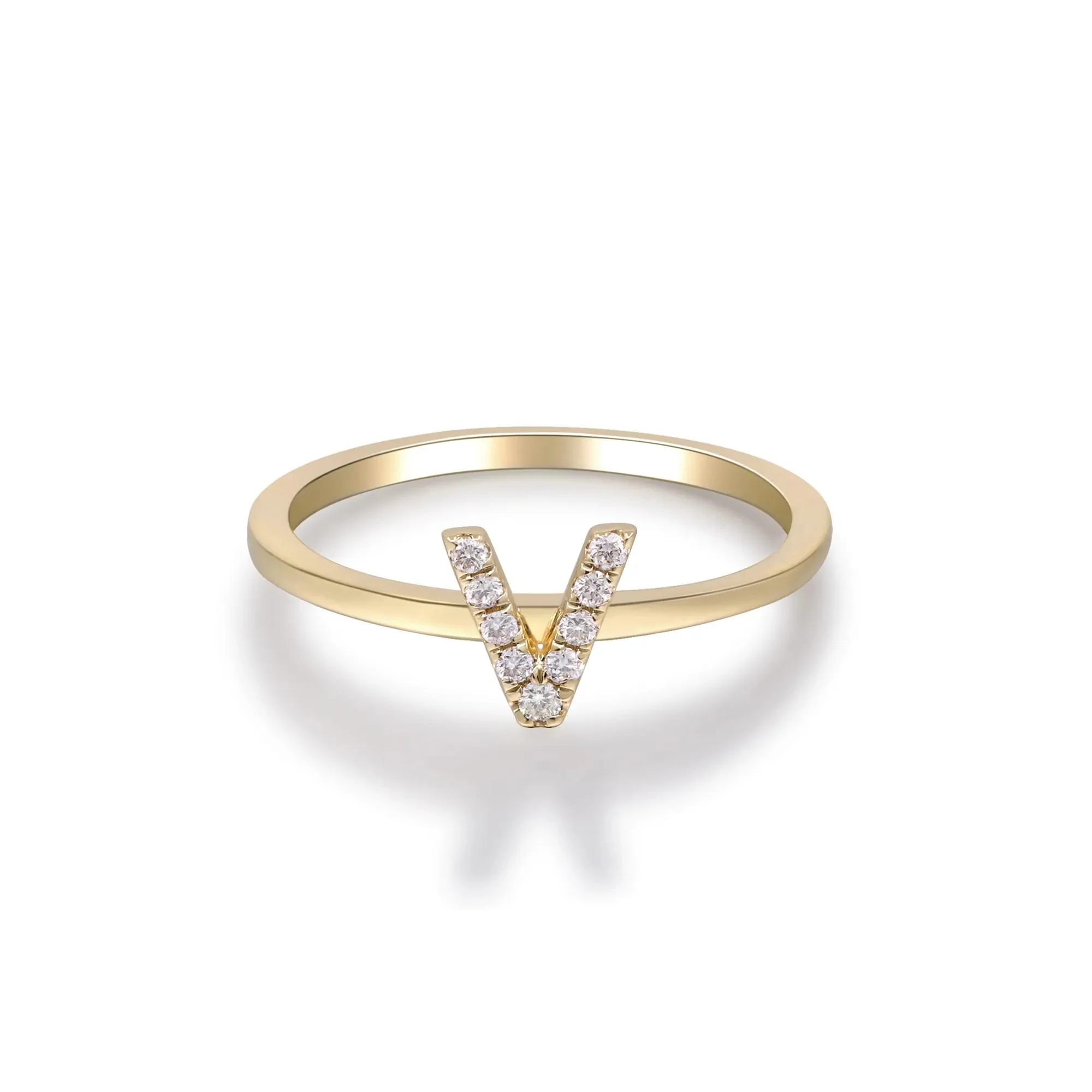 Diamond Accent "v" Initial Ring 10K Yellow Gold Round Brilliant Cut Size 9 2mm - Image 4
