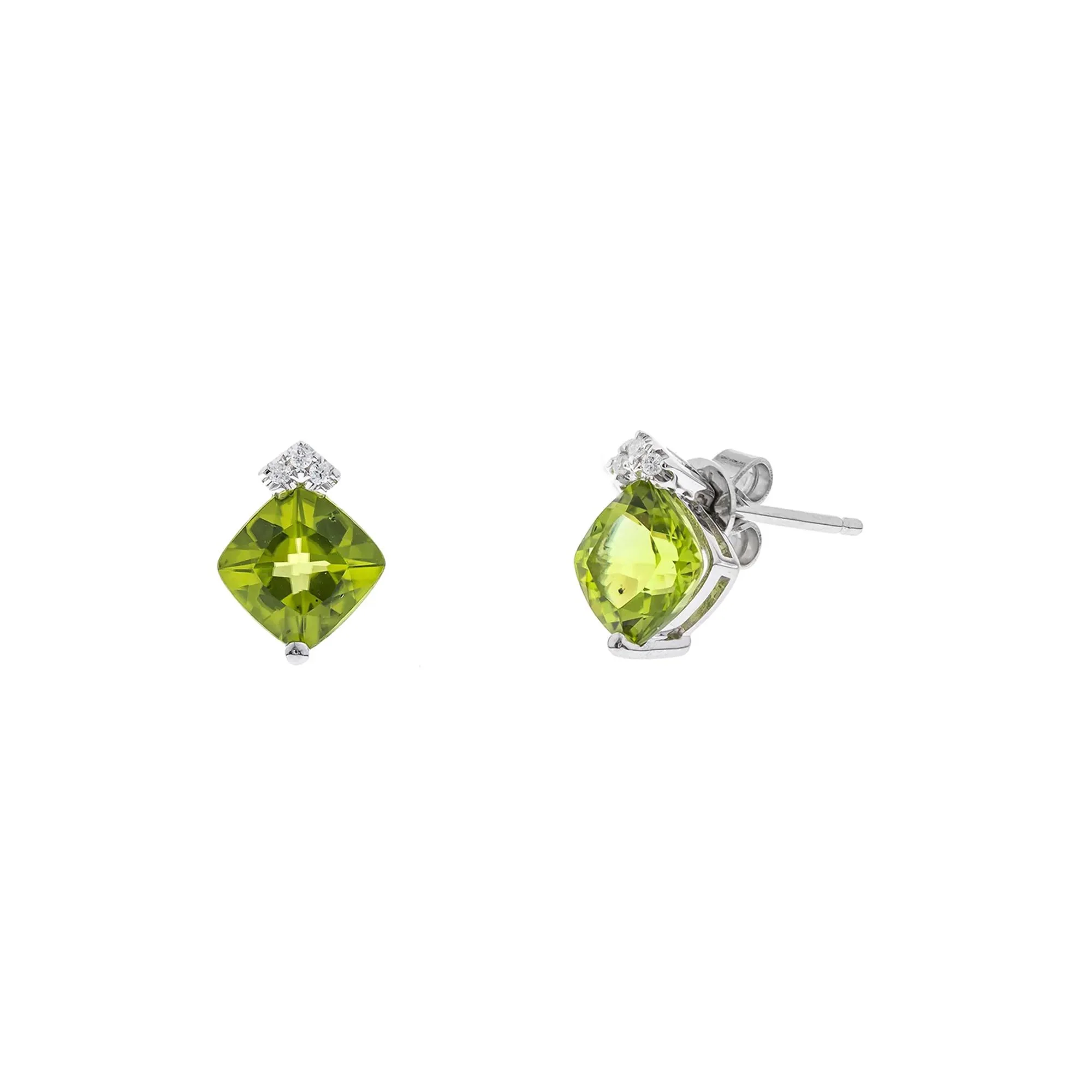Cushion-Cut Peridot & Diamond Stud Earrings 10K White Gold Size 7.00mm