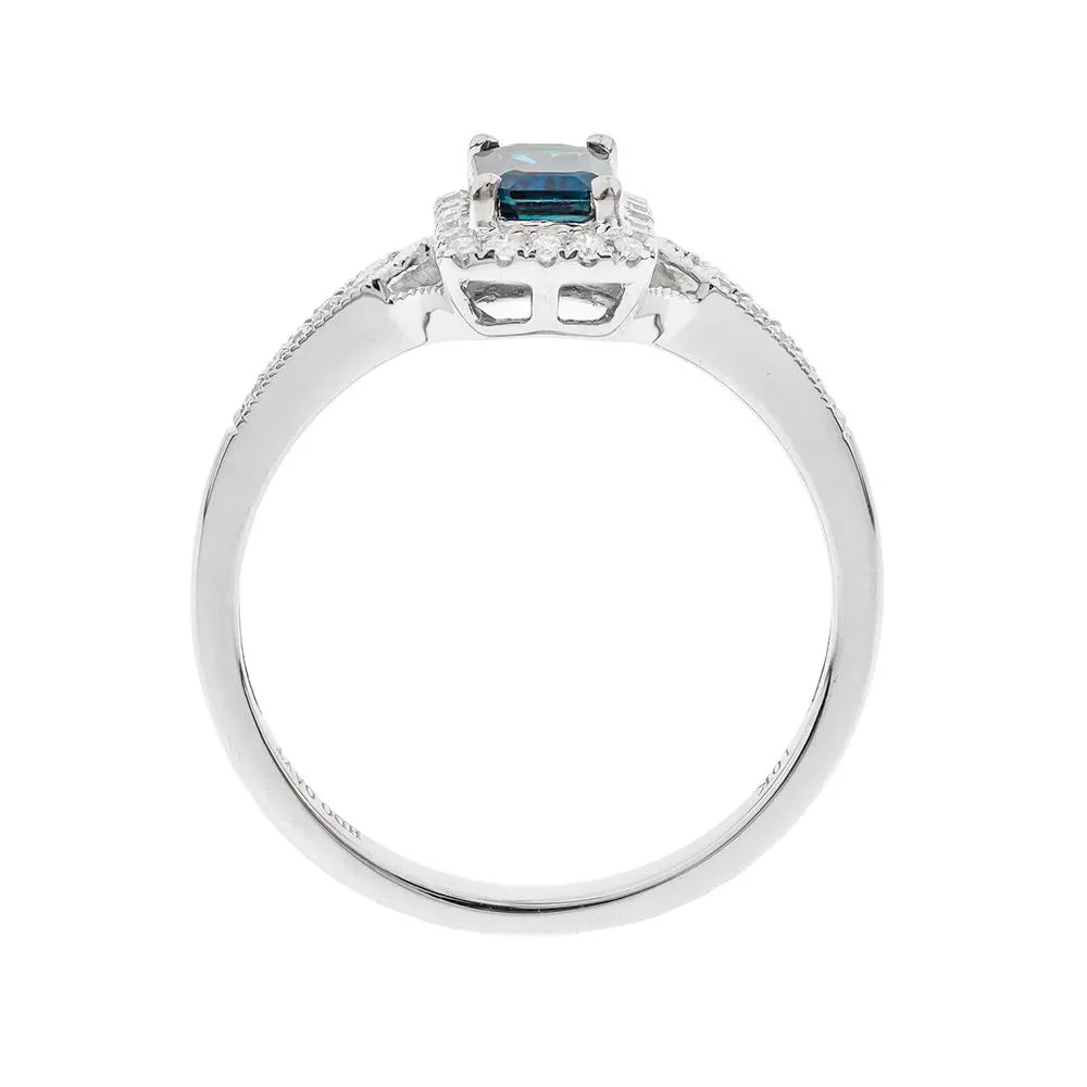 1/8 CT. Tw. Blue Sapphire Ring with Diamond Halo 10K White Gold Round Brilliant Cut Size 7.5 - Image 2