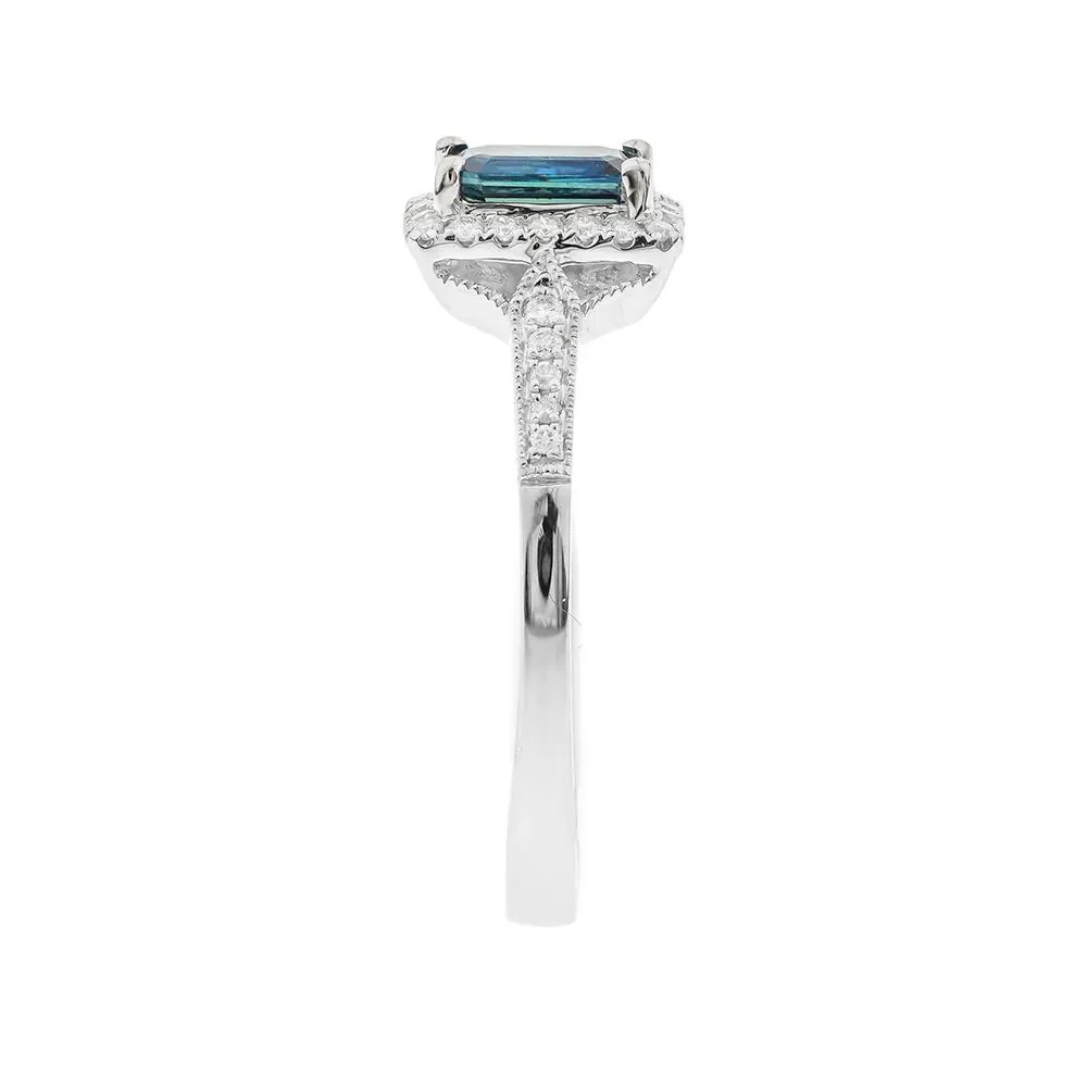 1/8 CT. Tw. Blue Sapphire Ring with Diamond Halo 10K White Gold Round Brilliant Cut Size 7.5 - Image 3
