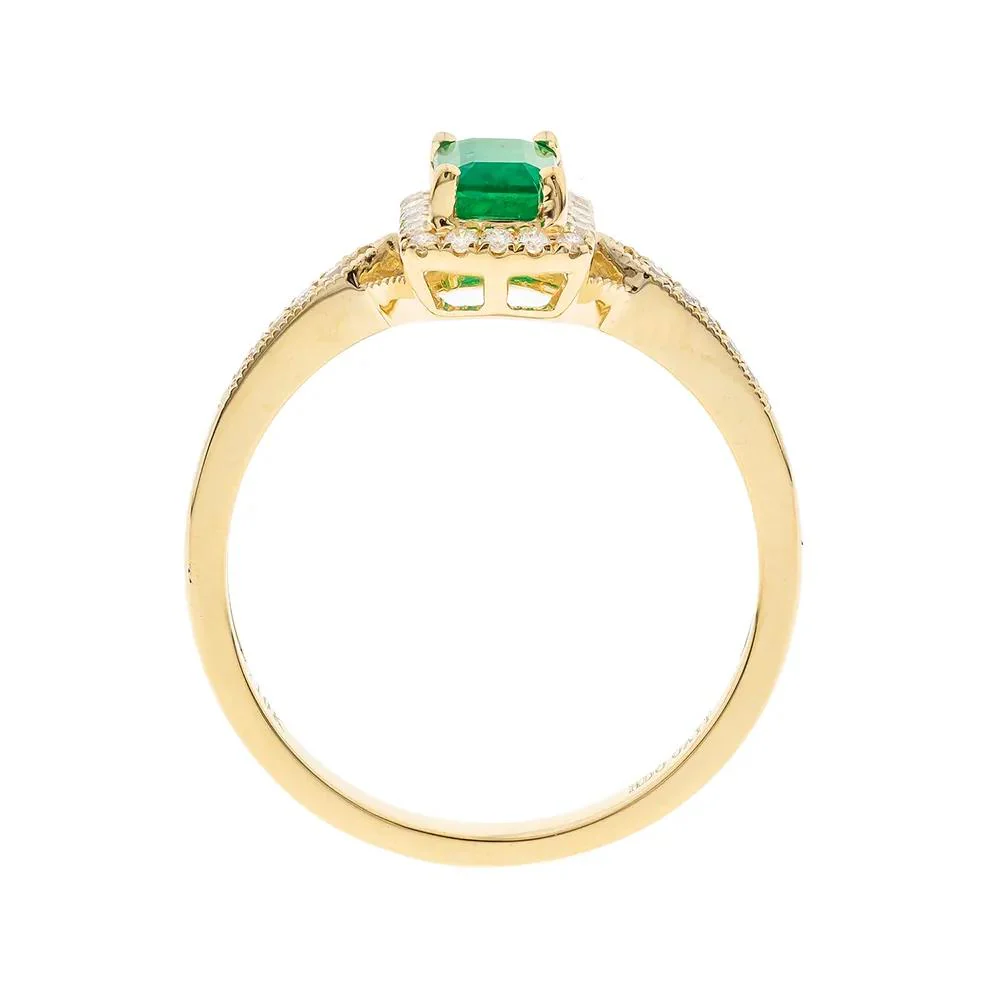 1/8 CT. Tw. Emerald Ring with Diamond Halo 10K Yellow Gold Round Brilliant Cut Size 8 - Image 2