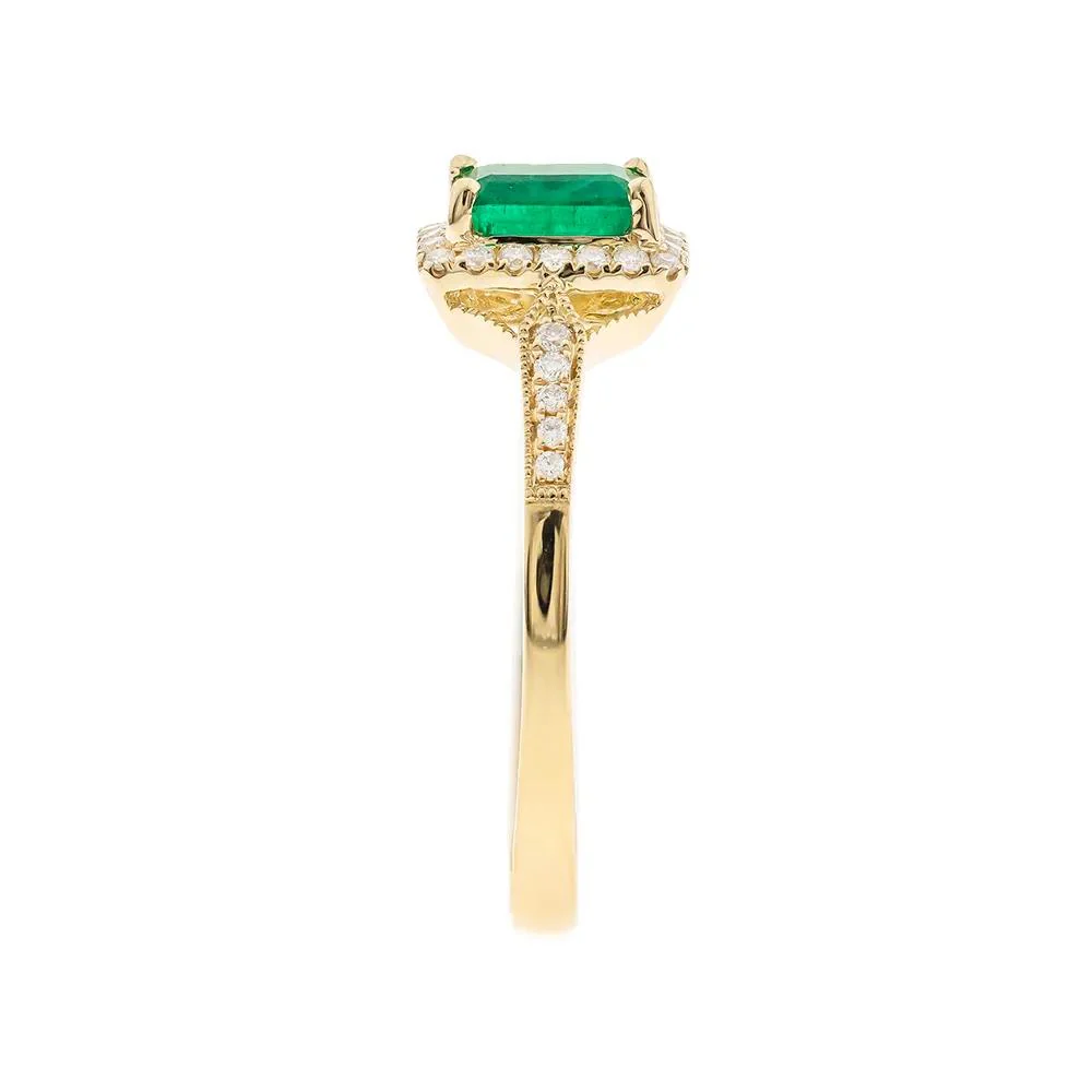 1/8 CT. Tw. Emerald Ring with Diamond Halo 10K Yellow Gold Round Brilliant Cut Size 9 - Image 3