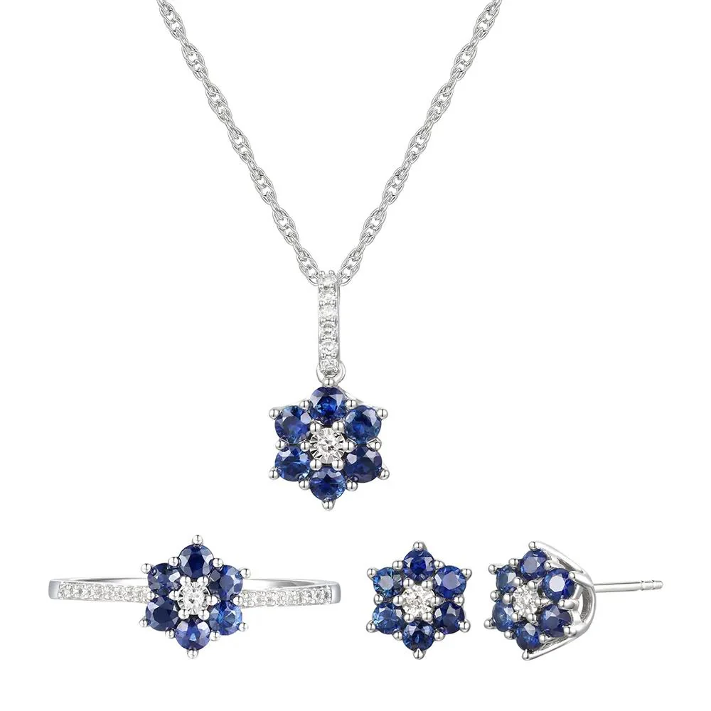 1/10 CT. Tw. Sapphire & Diamond Earrings Ring and Pendant 10K White Gold Size 7