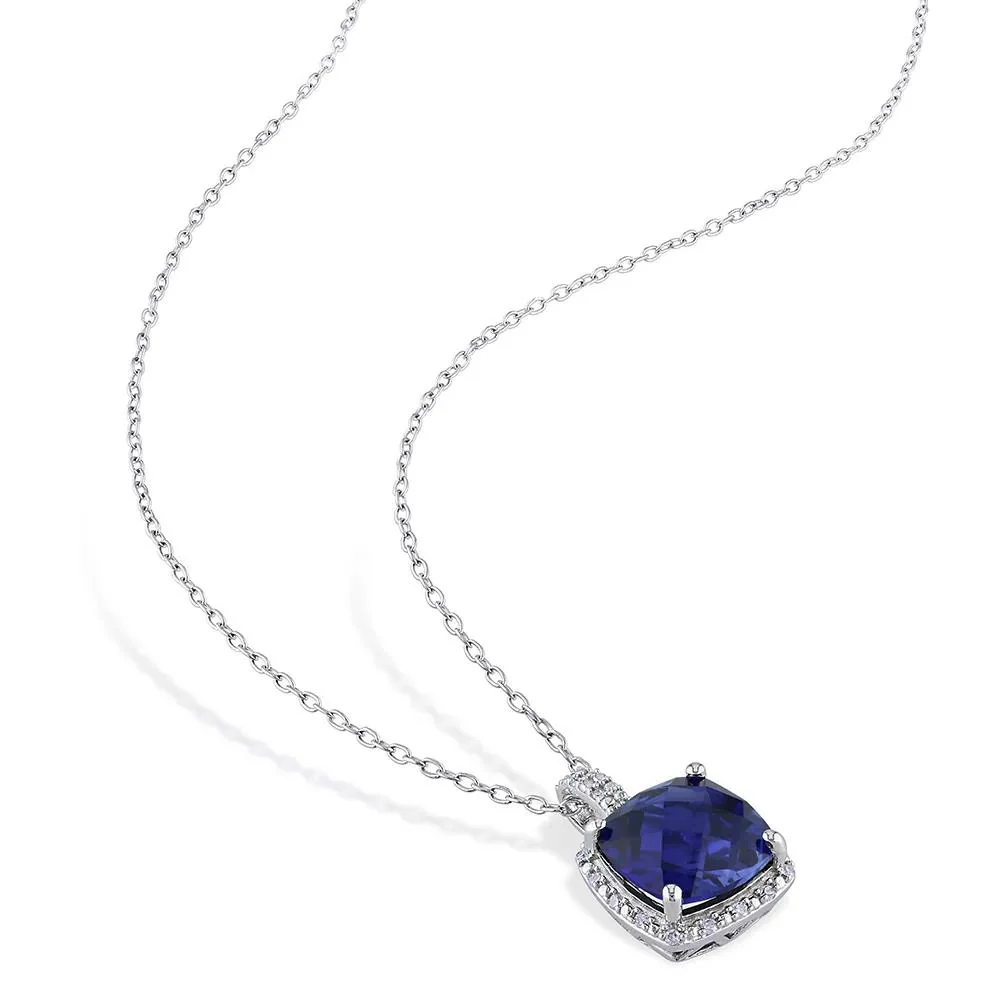 Lab Created Blue Sapphire & Diamond Pendant Necklace .925 Sterling Silver White Size 18" - Image 2