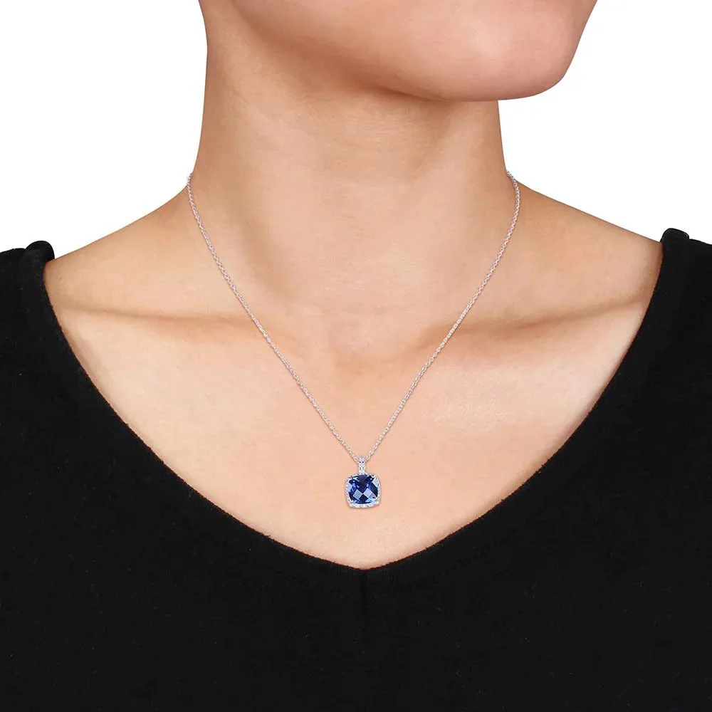 Lab Created Blue Sapphire & Diamond Pendant Necklace .925 Sterling Silver White Size 18" - Image 3