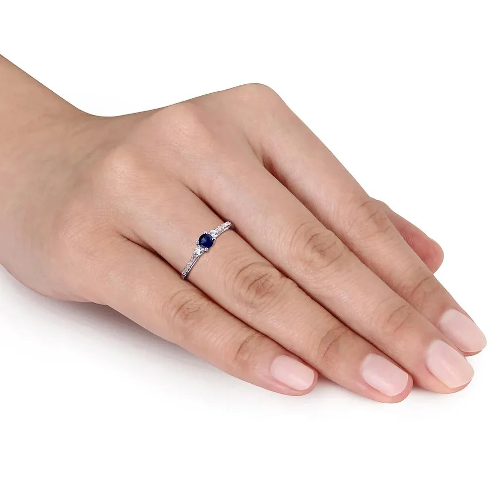 Lab Created Blue & White Sapphire & Diamond Ring .925 Sterling Silver Size 5 - Image 3