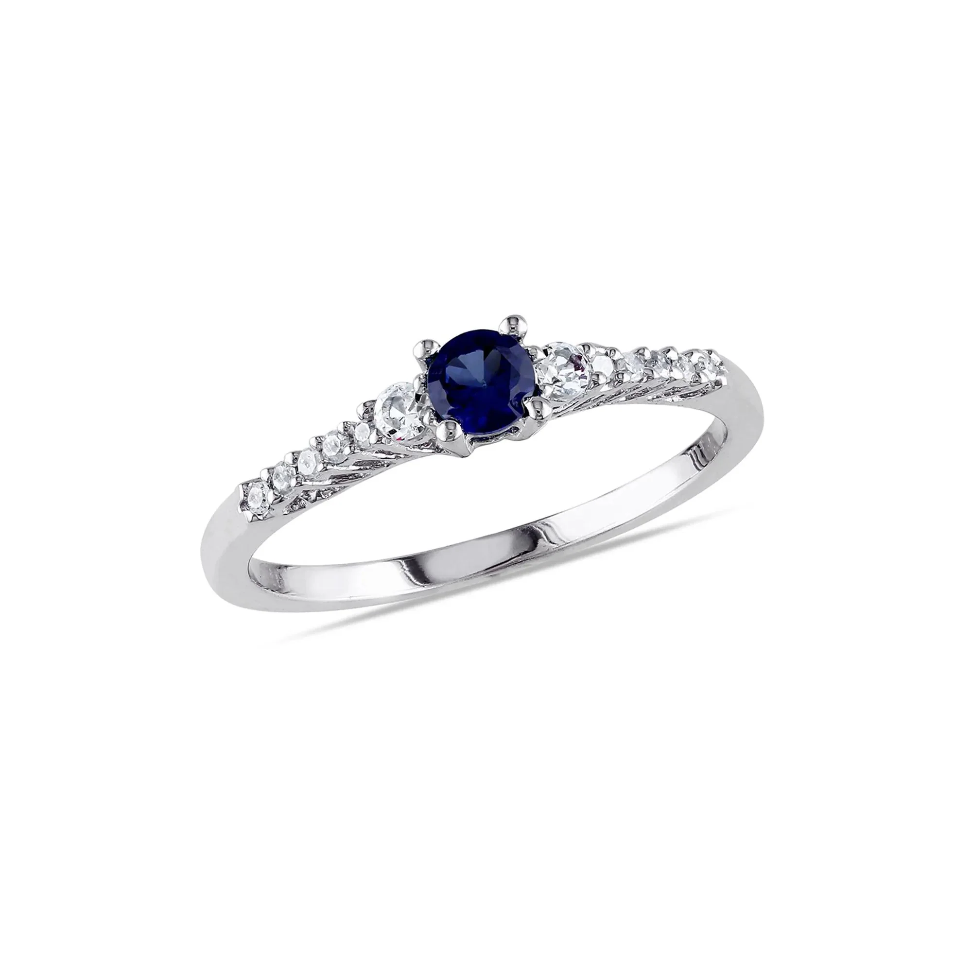 Lab Created Blue & White Sapphire & Diamond Ring .925 Sterling Silver Size 7.5