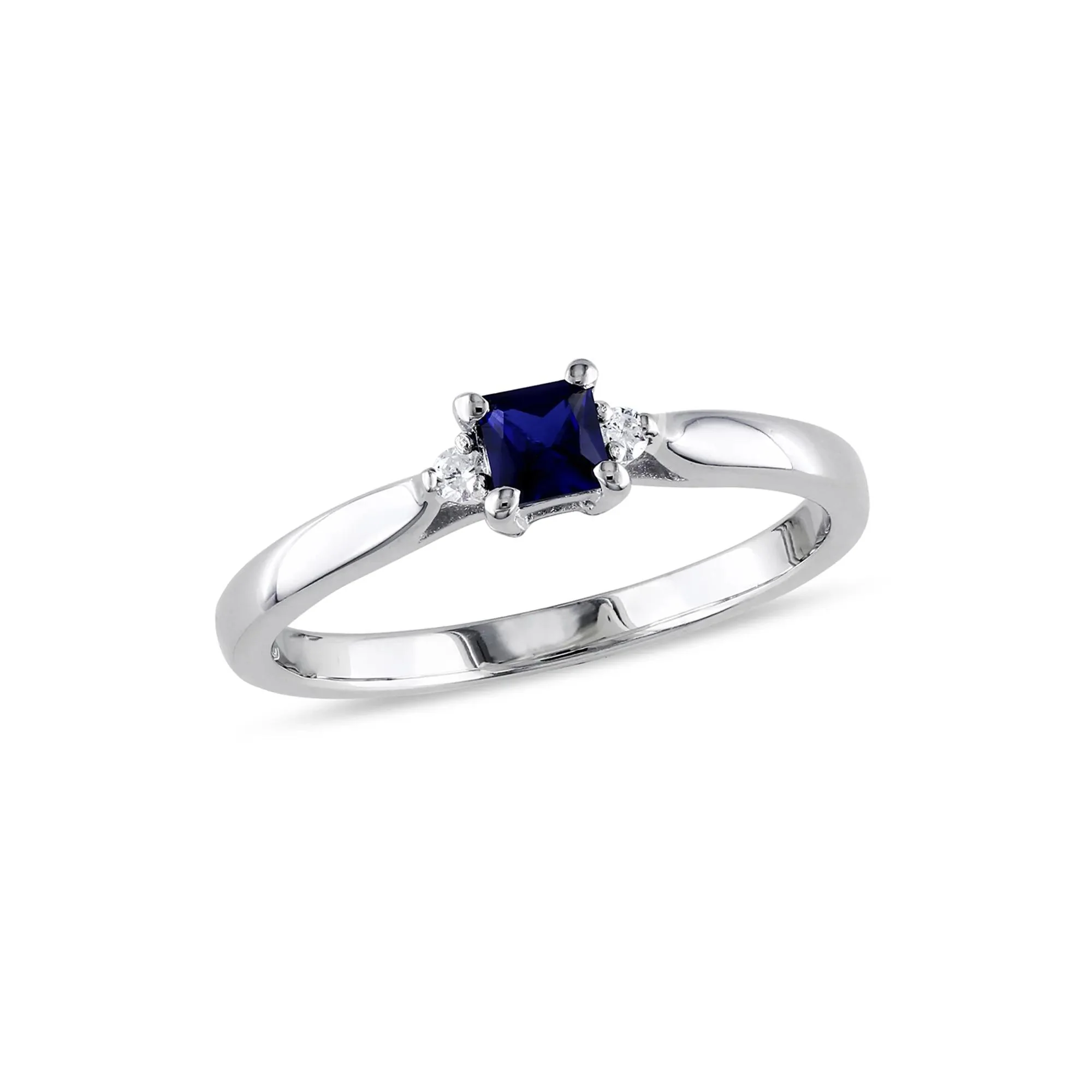 Lab Created Blue Sapphire & Diamond Ring .925 Sterling Silver White Size 4 - Image 2