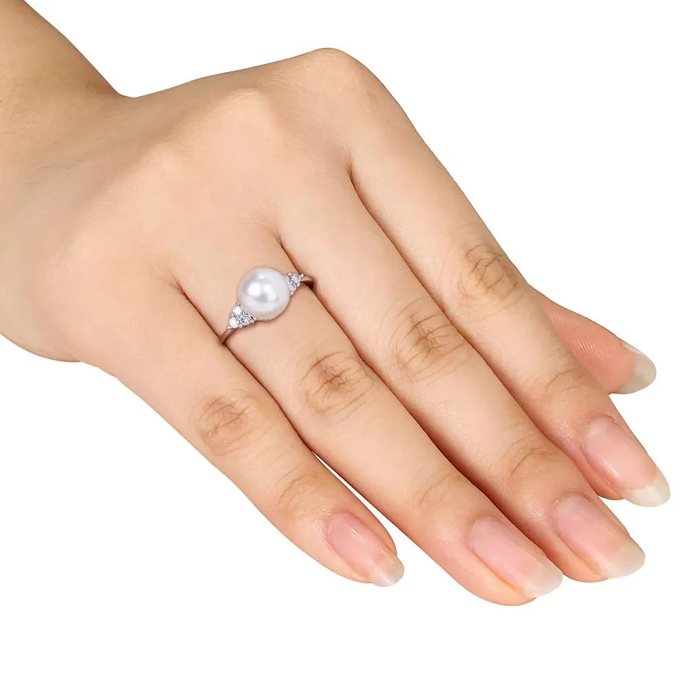 1/8 CT. Tw. Freshwater Pearl & Diamond Ring 10K White Gold Round Brilliant Cut Size 10.5 - Image 3