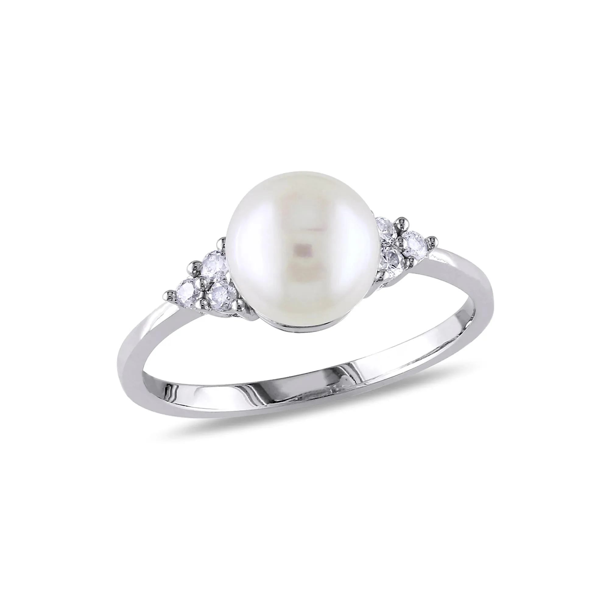 1/8 CT. Tw. Freshwater Pearl & Diamond Ring 10K White Gold Round Brilliant Cut Size 3