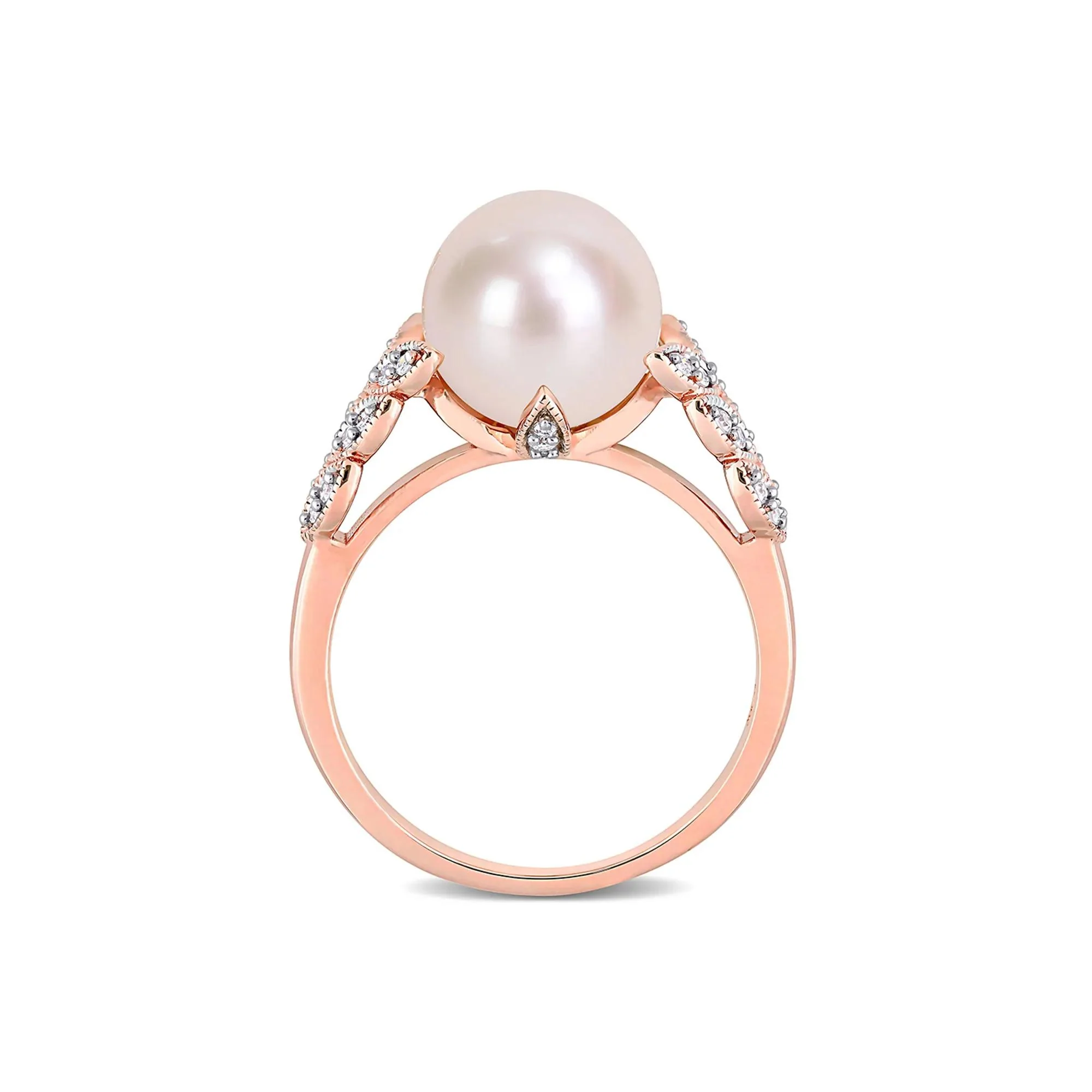 1/2 CT. Tw. Freshwater Pearl & Diamond Ring 10K Rose Gold Round Brilliant Cut Size 7.5 - Image 2